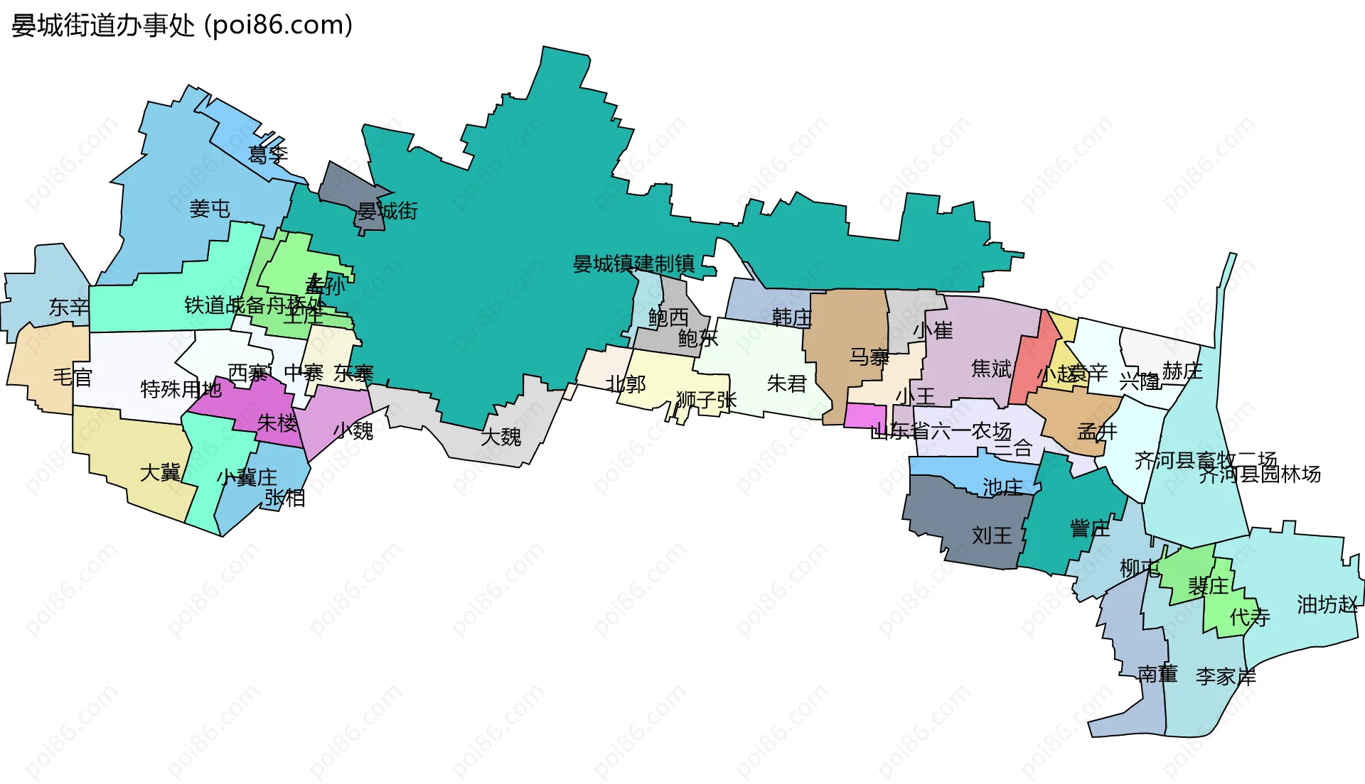 晏城街道办事处边界地图(五级行政区划)