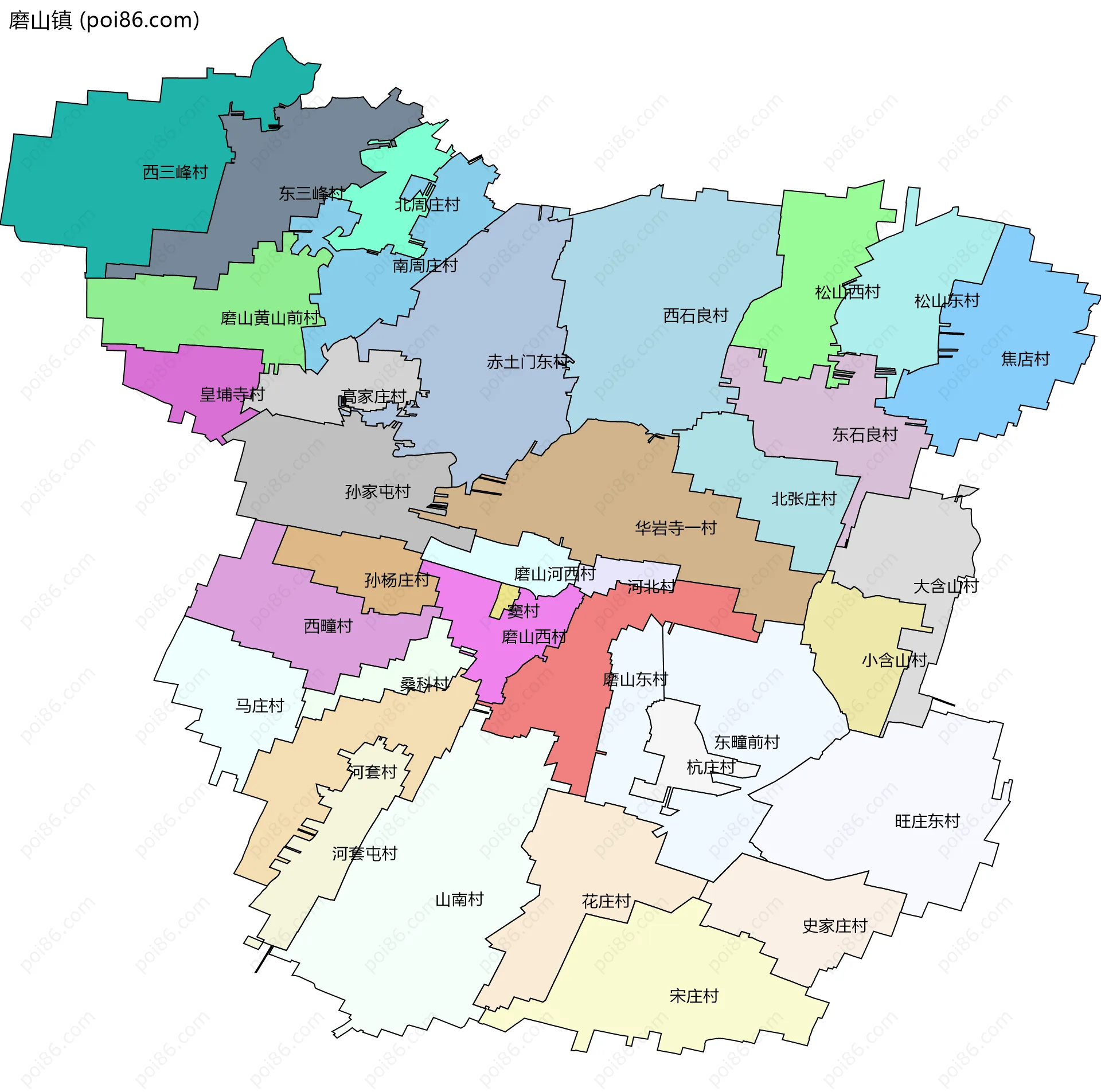 磨山镇边界地图(五级行政区划)