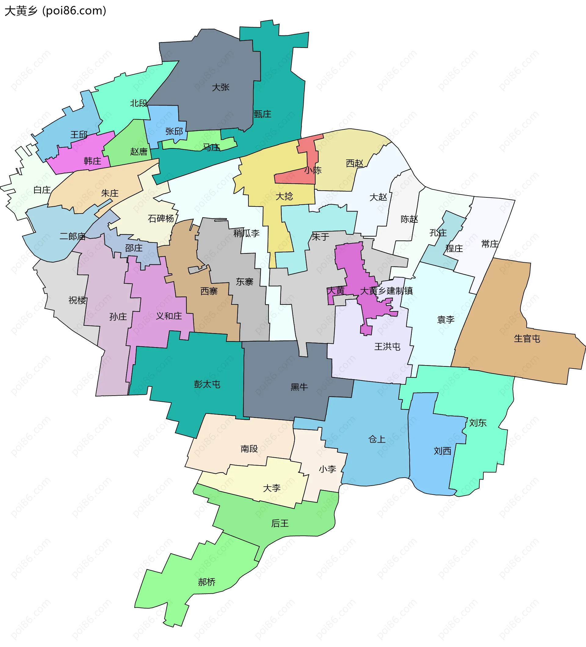 大黄乡边界地图(五级行政区划)