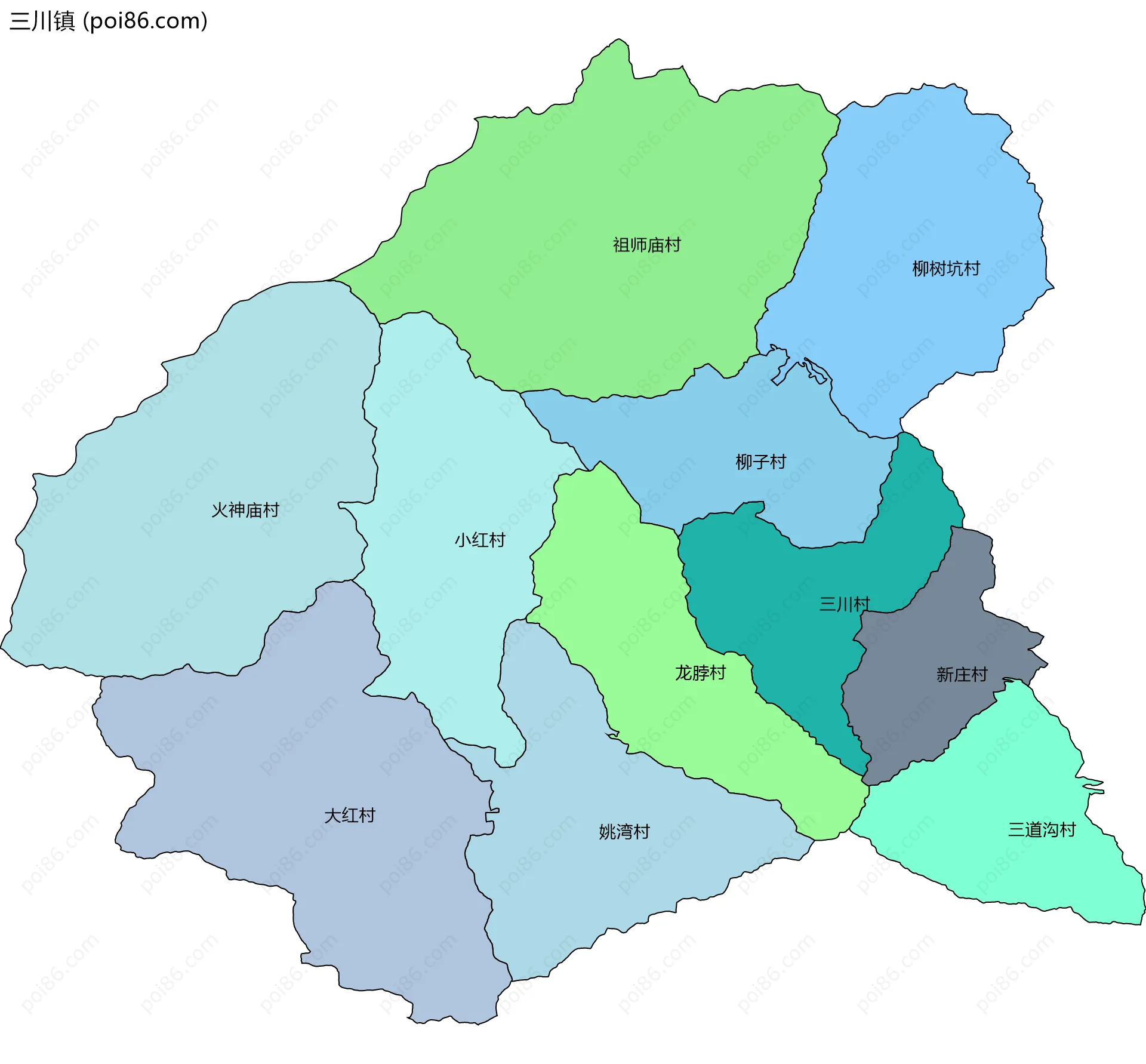三川镇边界地图(五级行政区划)