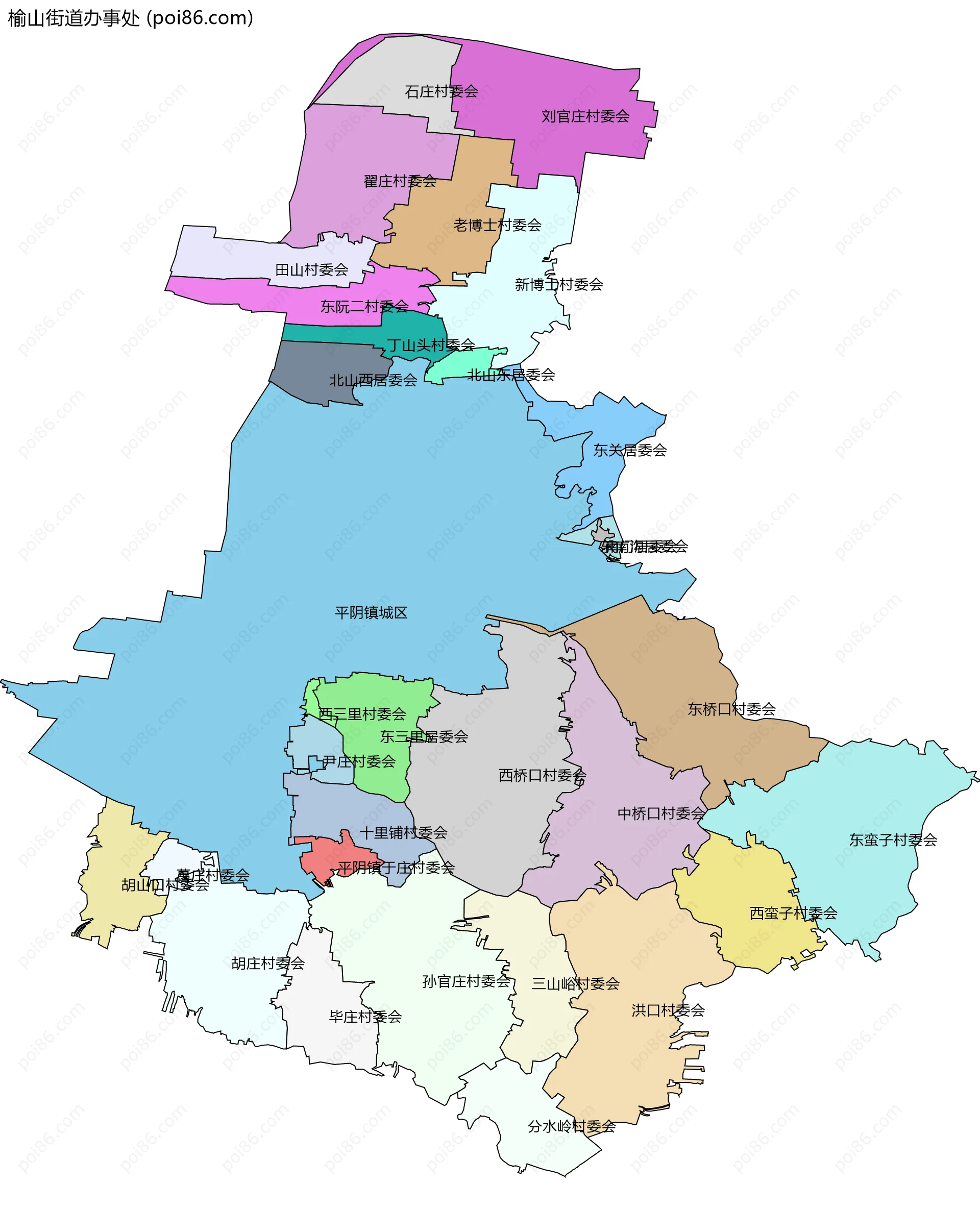 榆山街道办事处边界地图(五级行政区划)