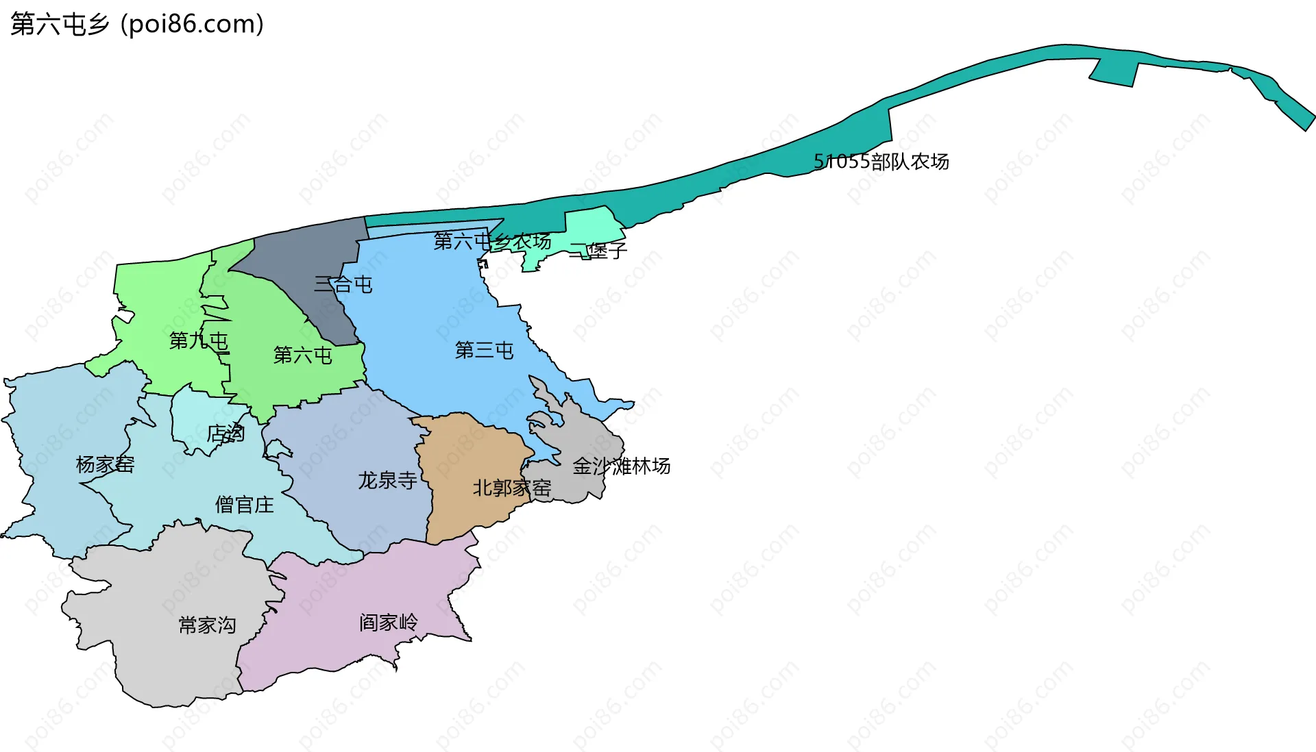 第六屯乡边界地图(五级行政区划)