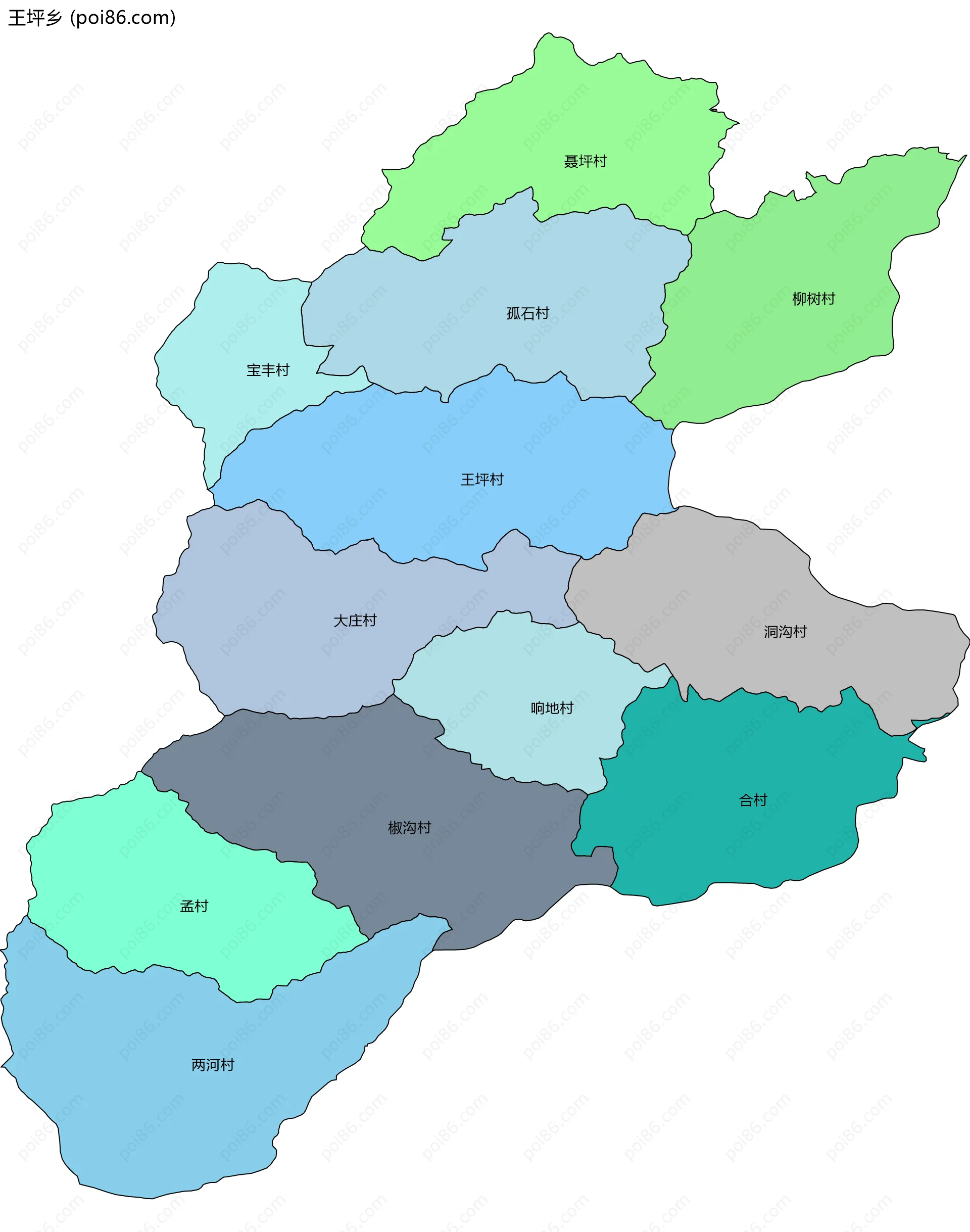 王坪乡边界地图(五级行政区划)