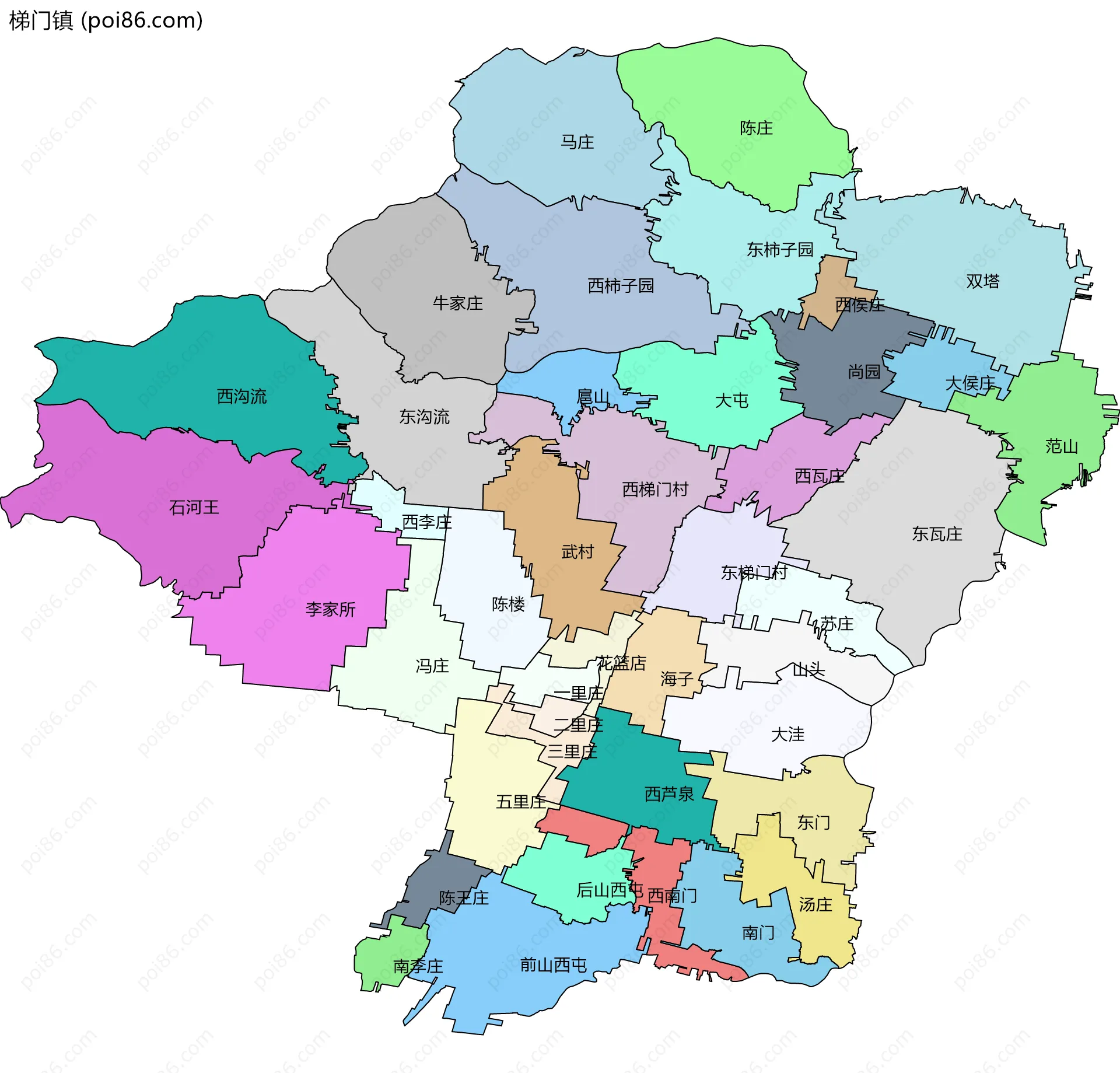 梯门镇边界地图(五级行政区划)
