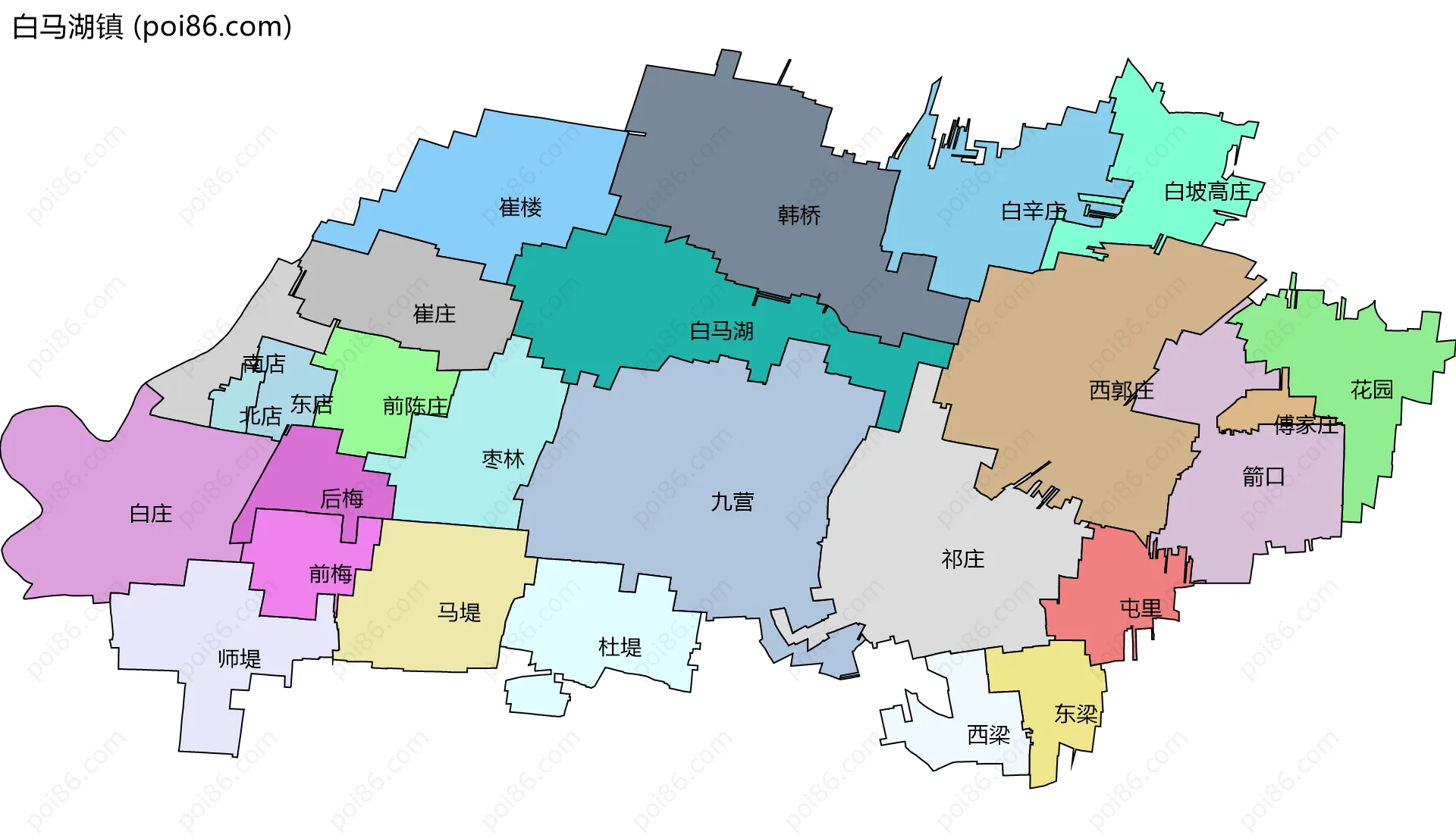 白马湖镇边界地图(五级行政区划)