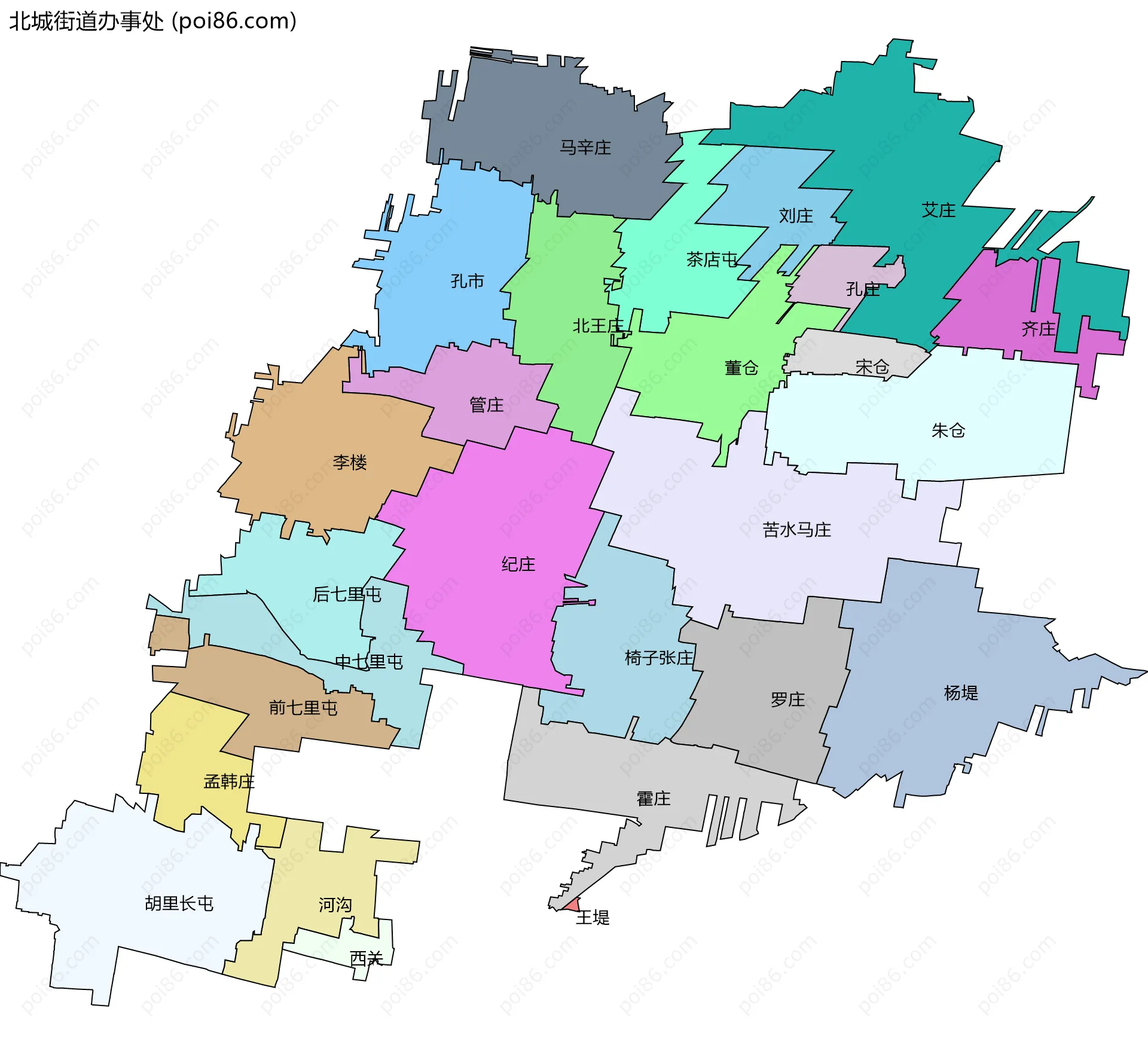 北城街道办事处边界地图(五级行政区划)