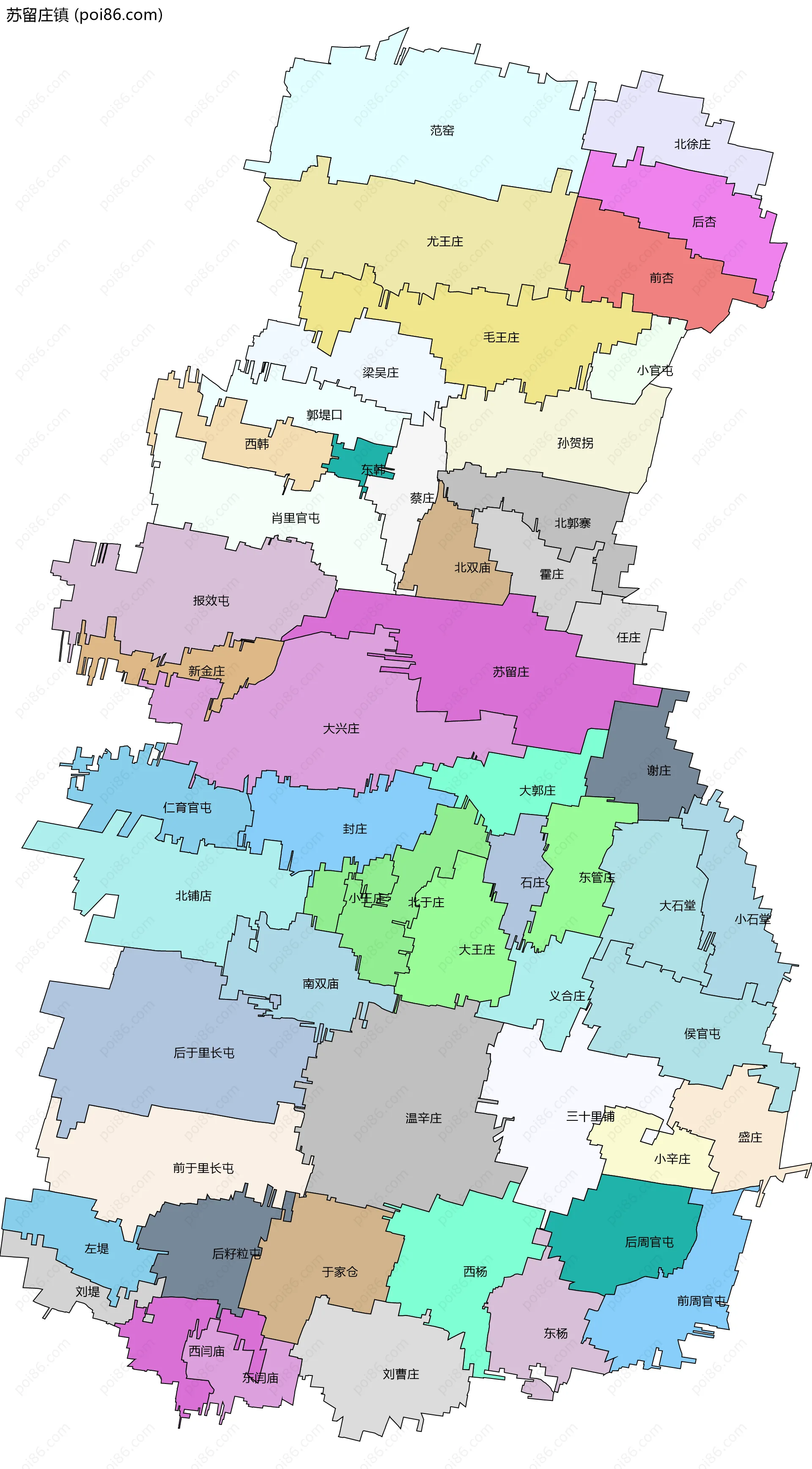 苏留庄镇边界地图(五级行政区划)