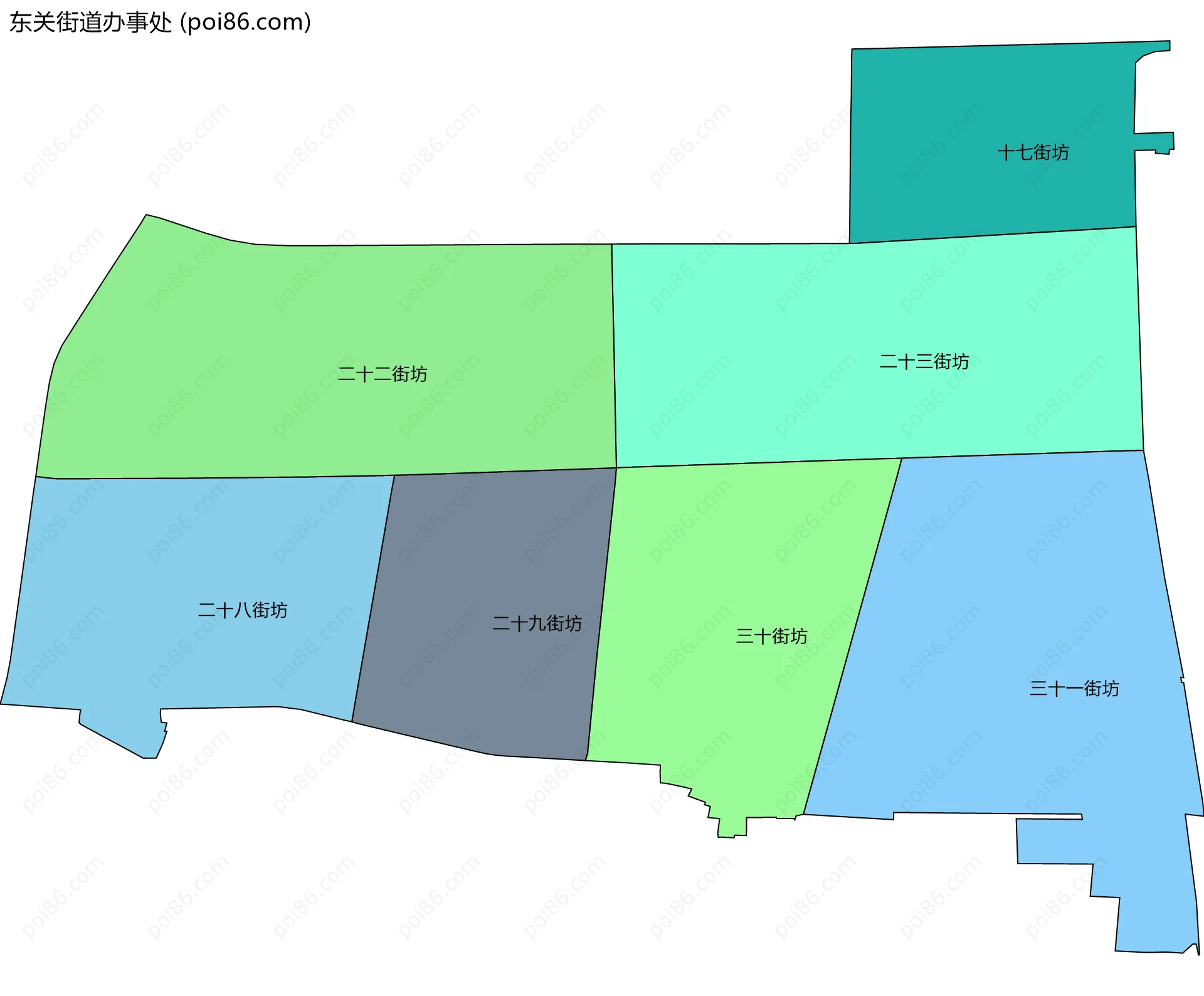 东关街道办事处边界地图(五级行政区划)