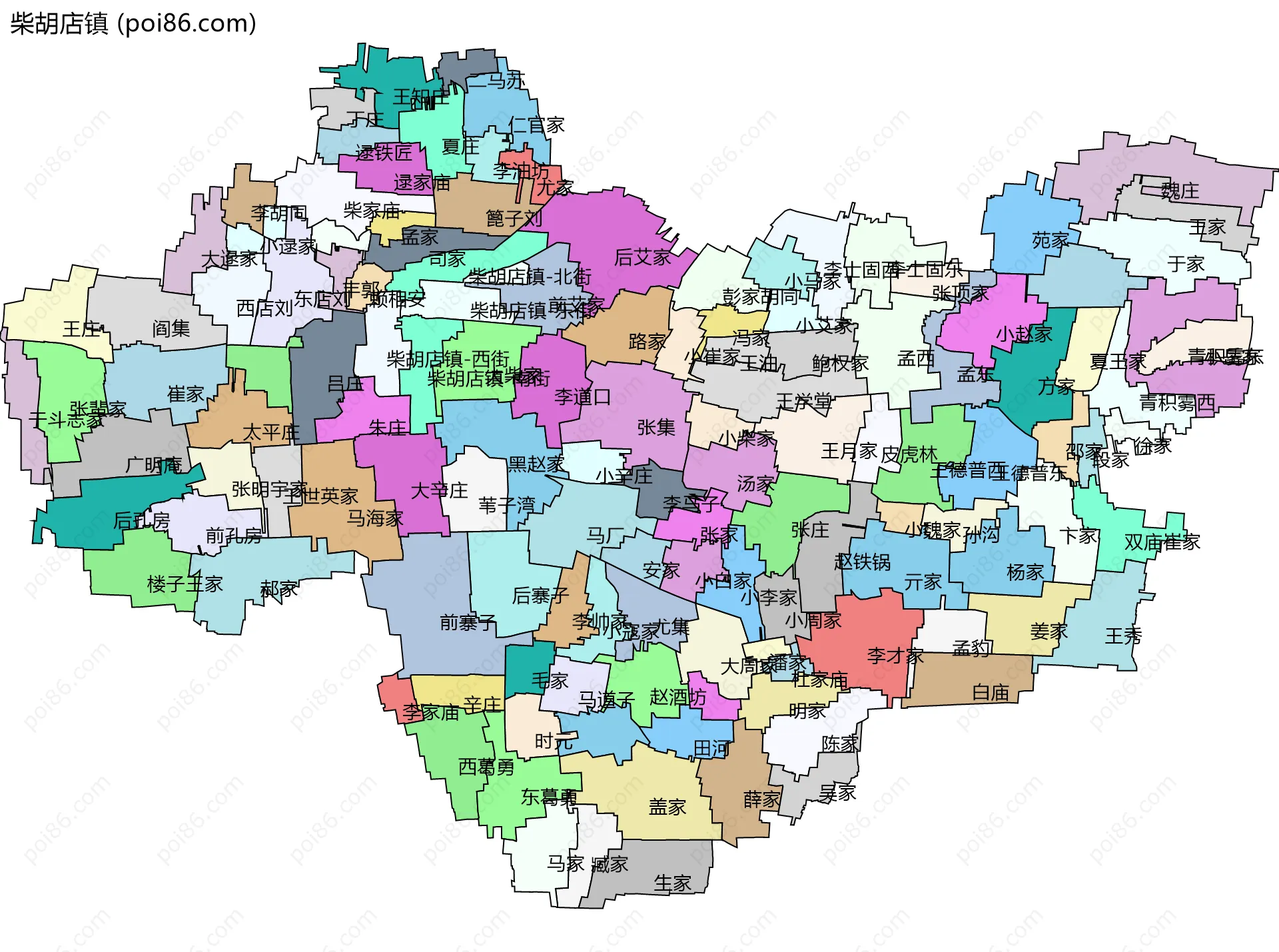 柴胡店镇边界地图(五级行政区划)