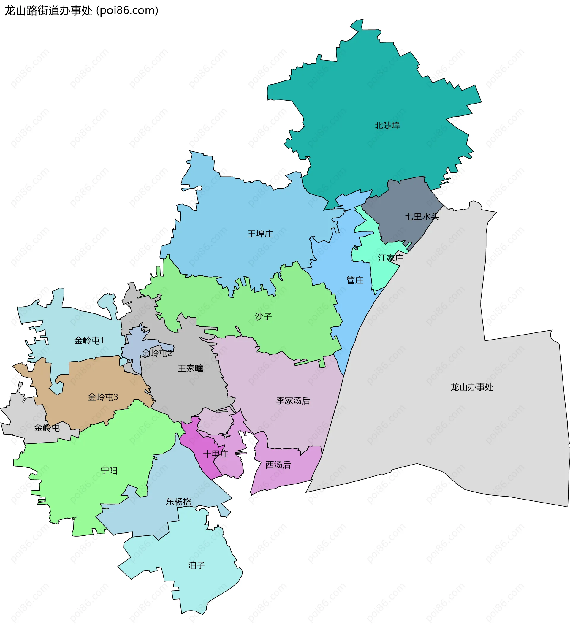 龙山路街道办事处边界地图(五级行政区划)