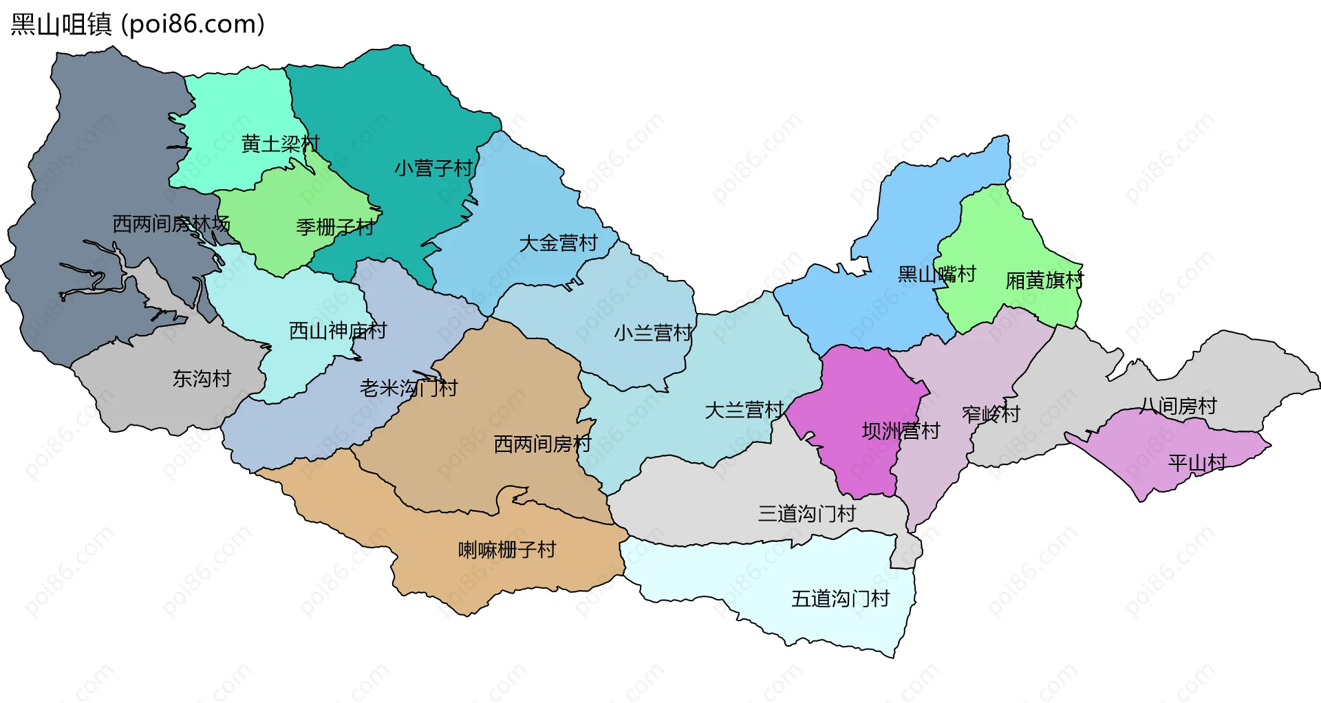 黑山咀镇边界地图(五级行政区划)