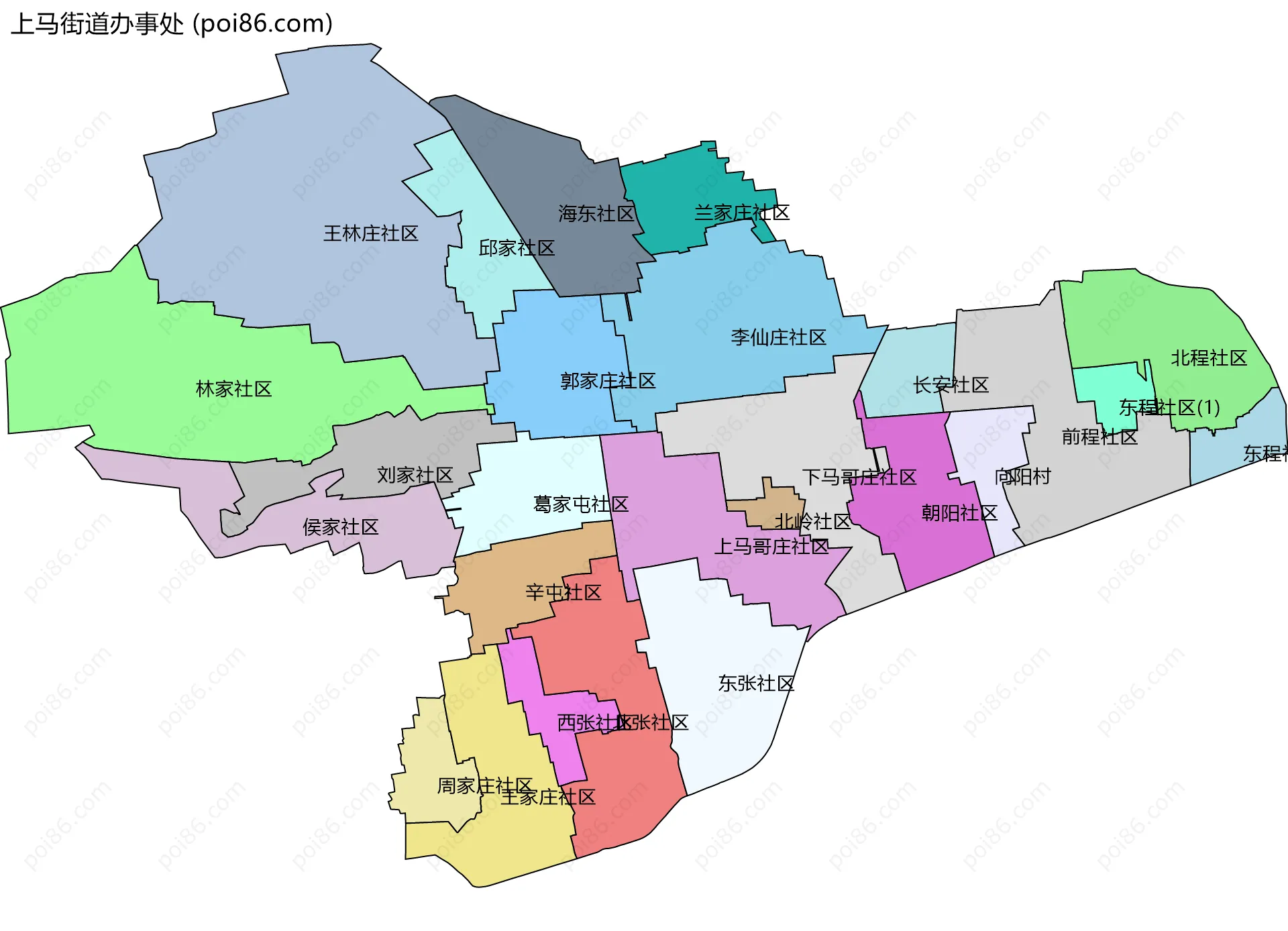 上马街道办事处边界地图(五级行政区划)