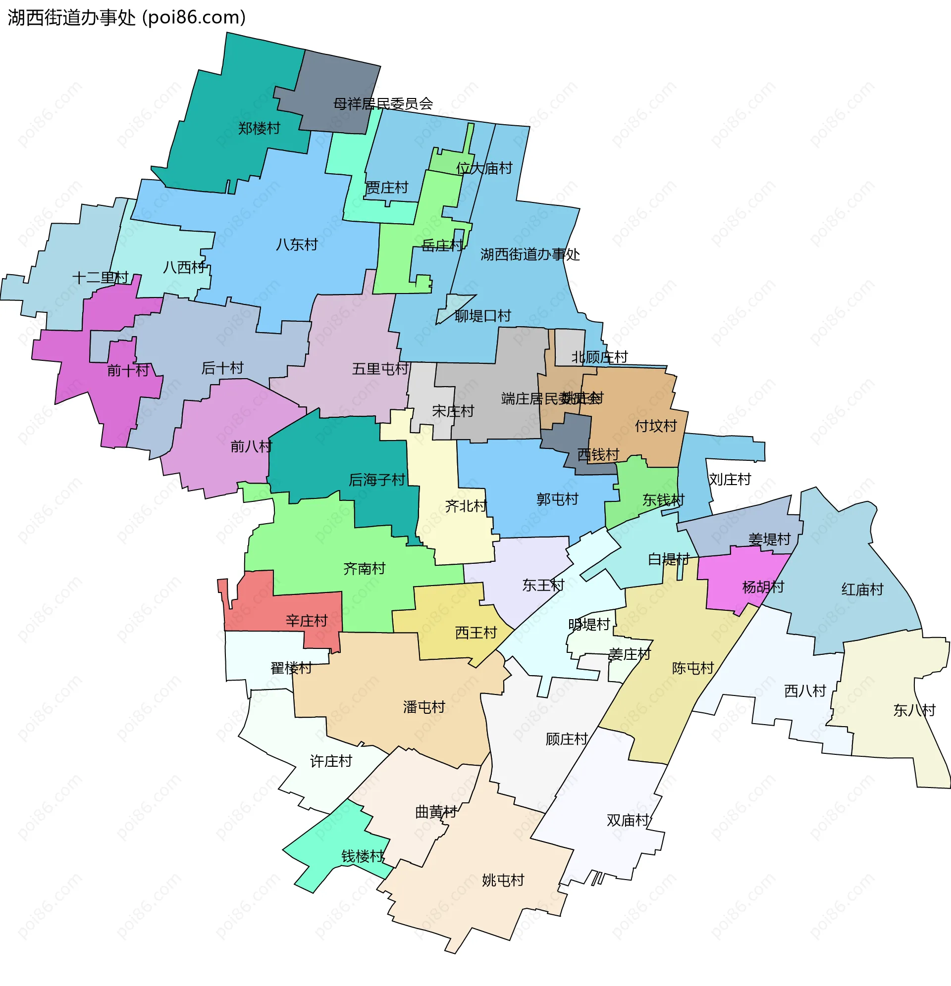 湖西街道办事处边界地图(五级行政区划)