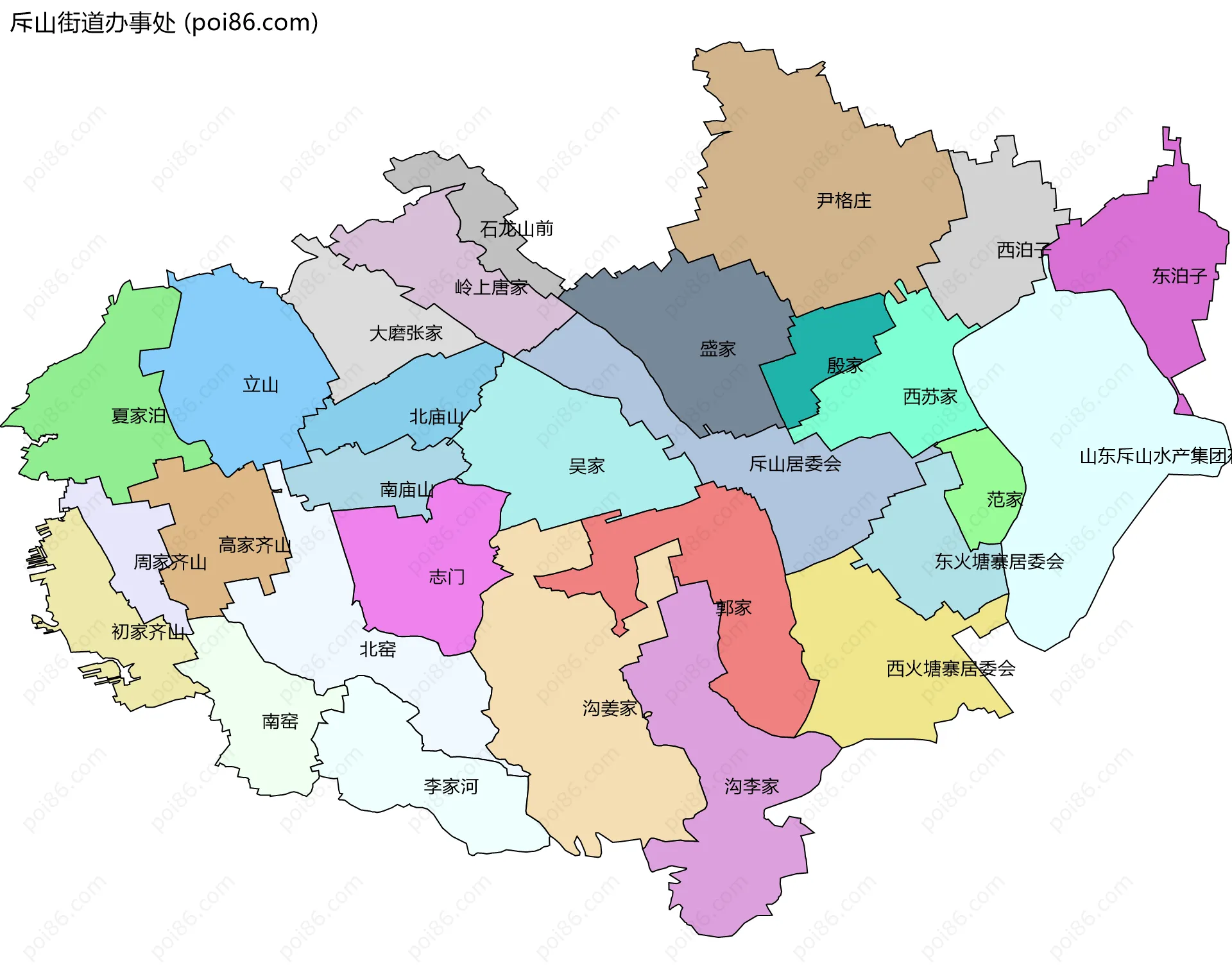 斥山街道办事处边界地图(五级行政区划)
