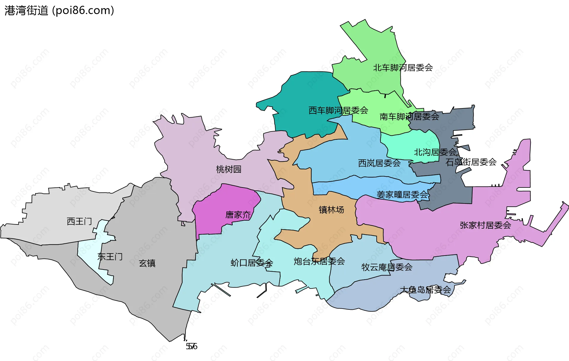 港湾街道边界地图(五级行政区划)