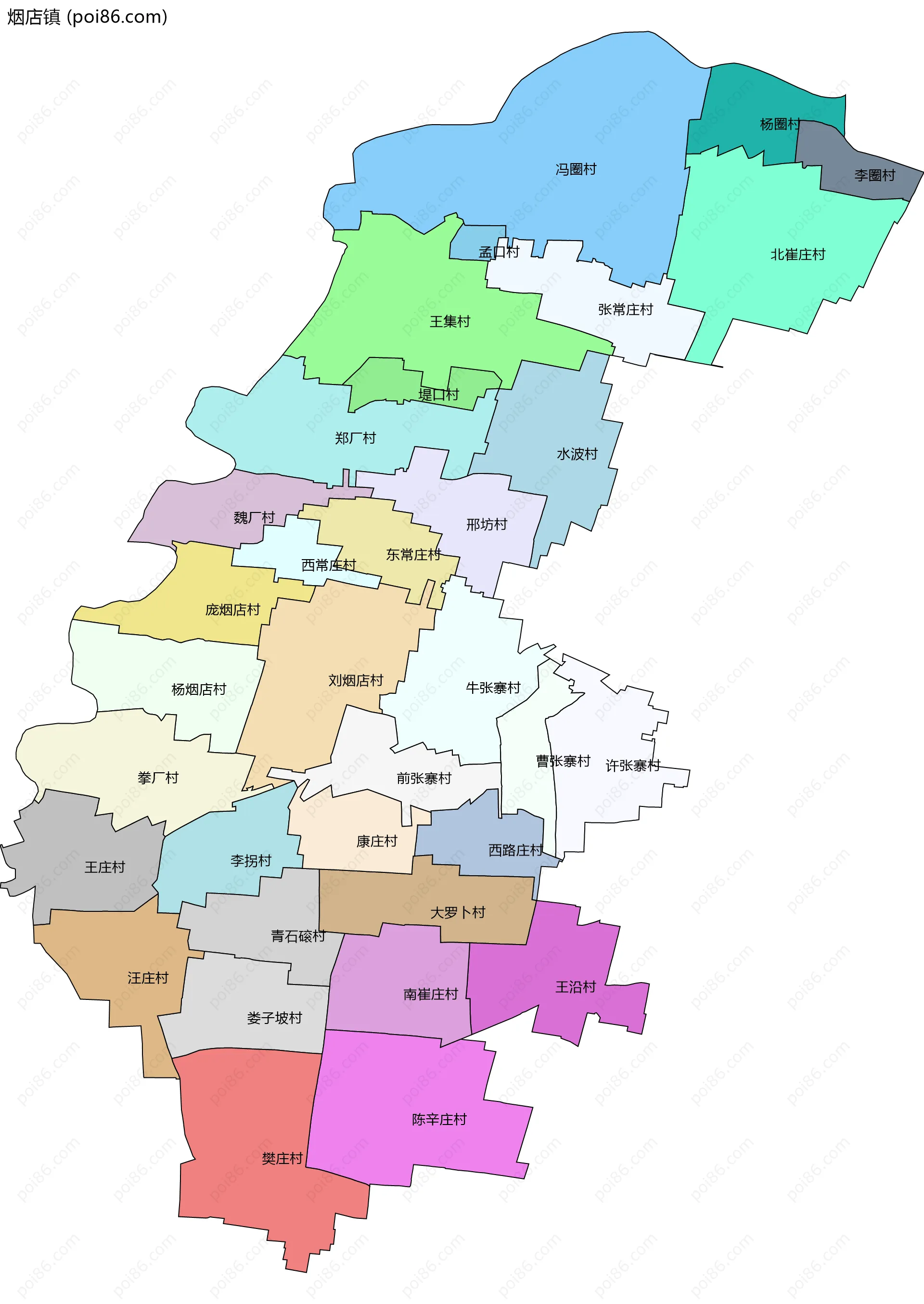 烟店镇边界地图(五级行政区划)