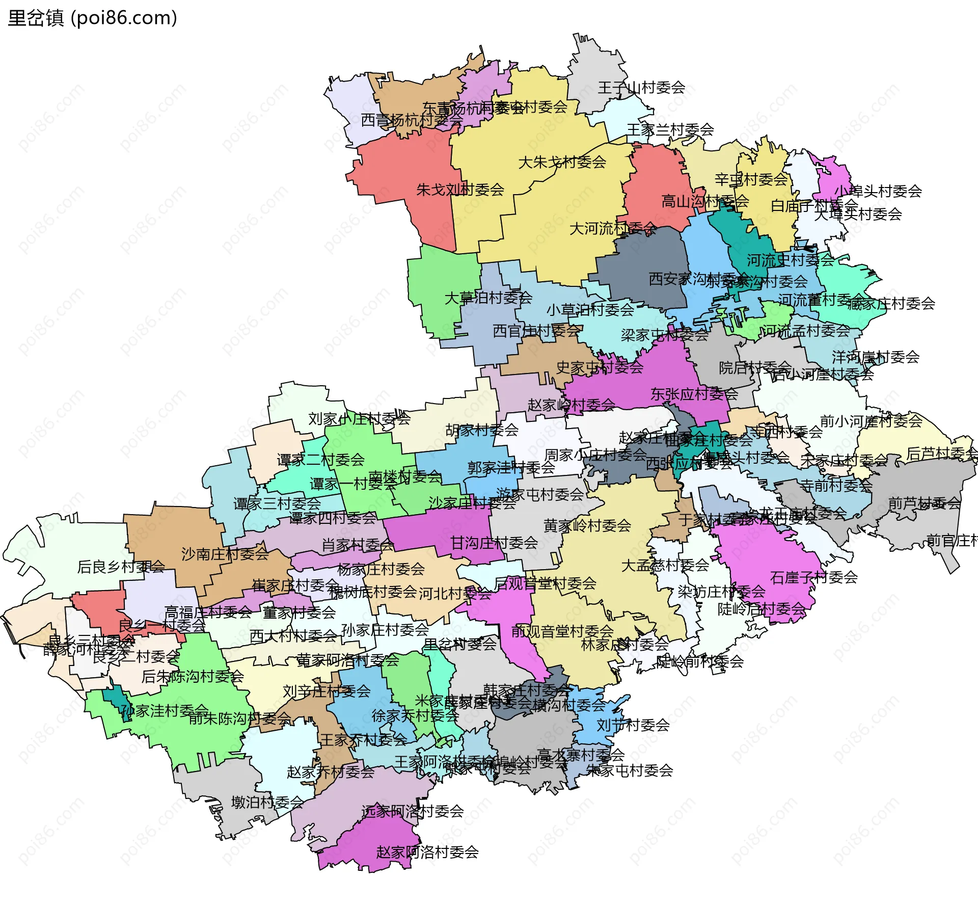 里岔镇边界地图(五级行政区划)