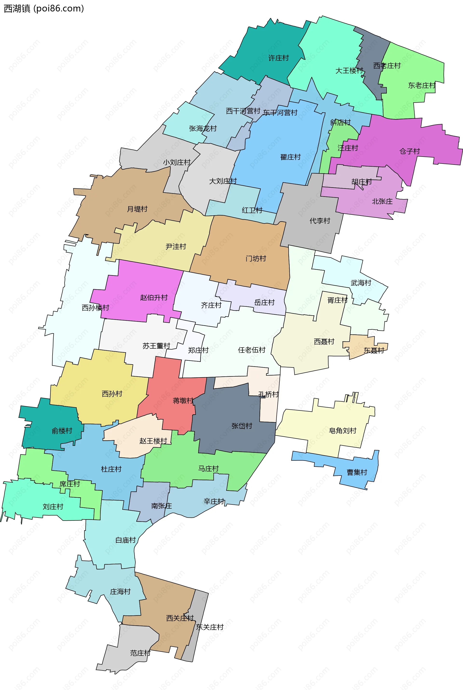 西湖镇边界地图(五级行政区划)