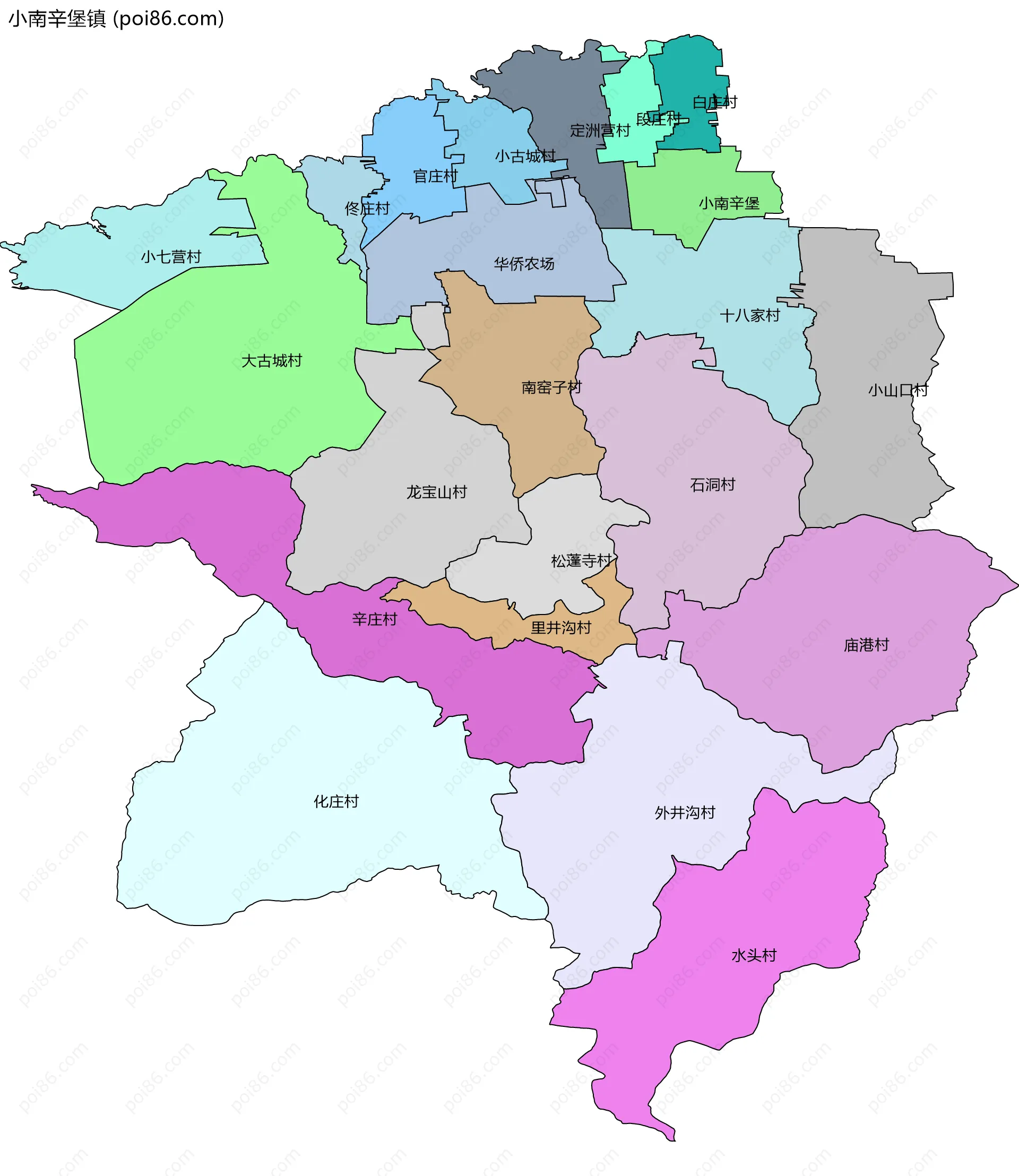 小南辛堡镇边界地图(五级行政区划)