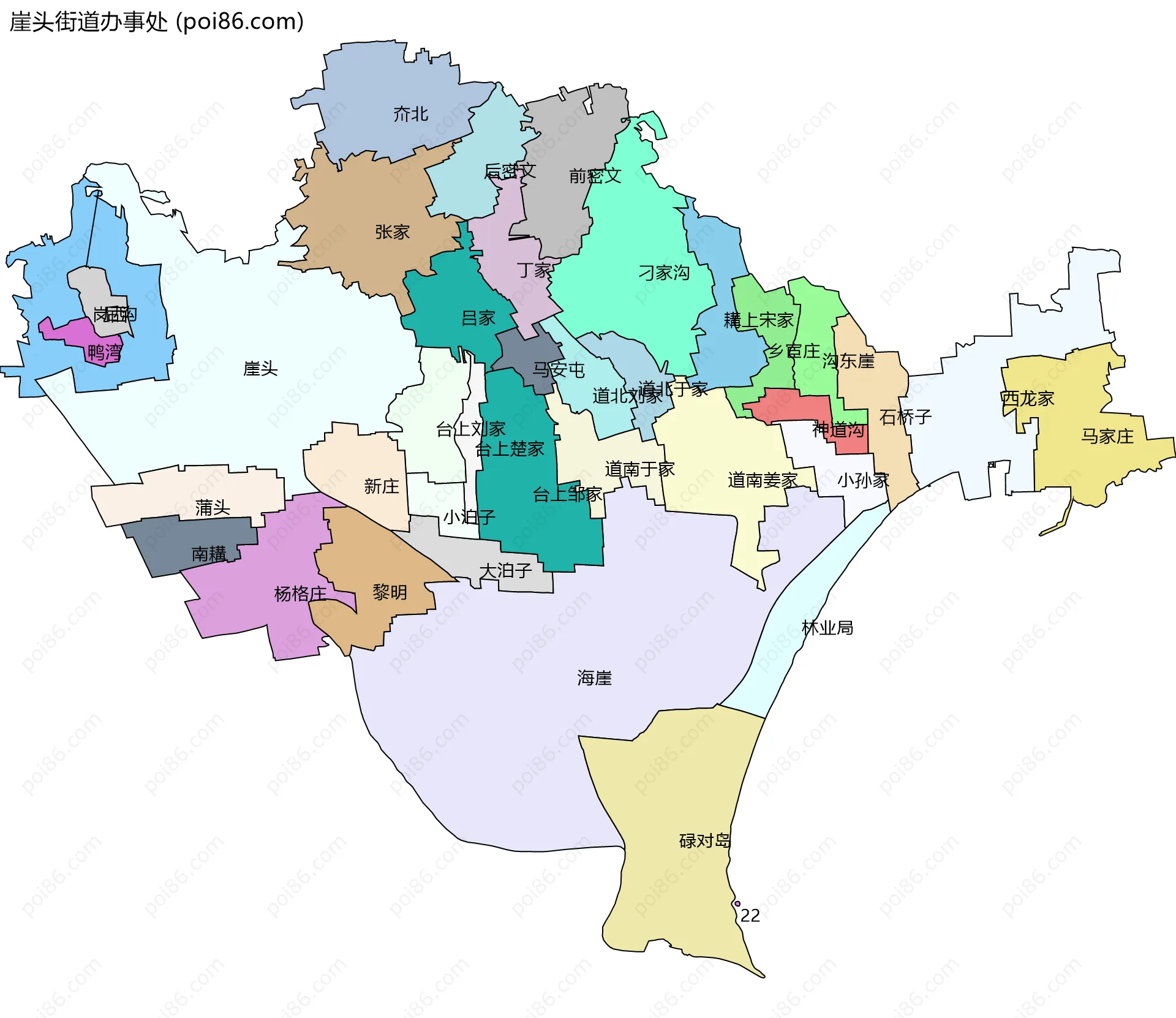 崖头街道办事处边界地图(五级行政区划)