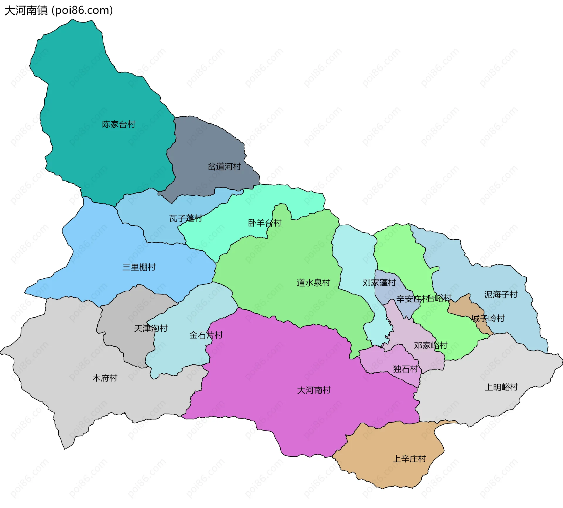 大河南镇边界地图(五级行政区划)