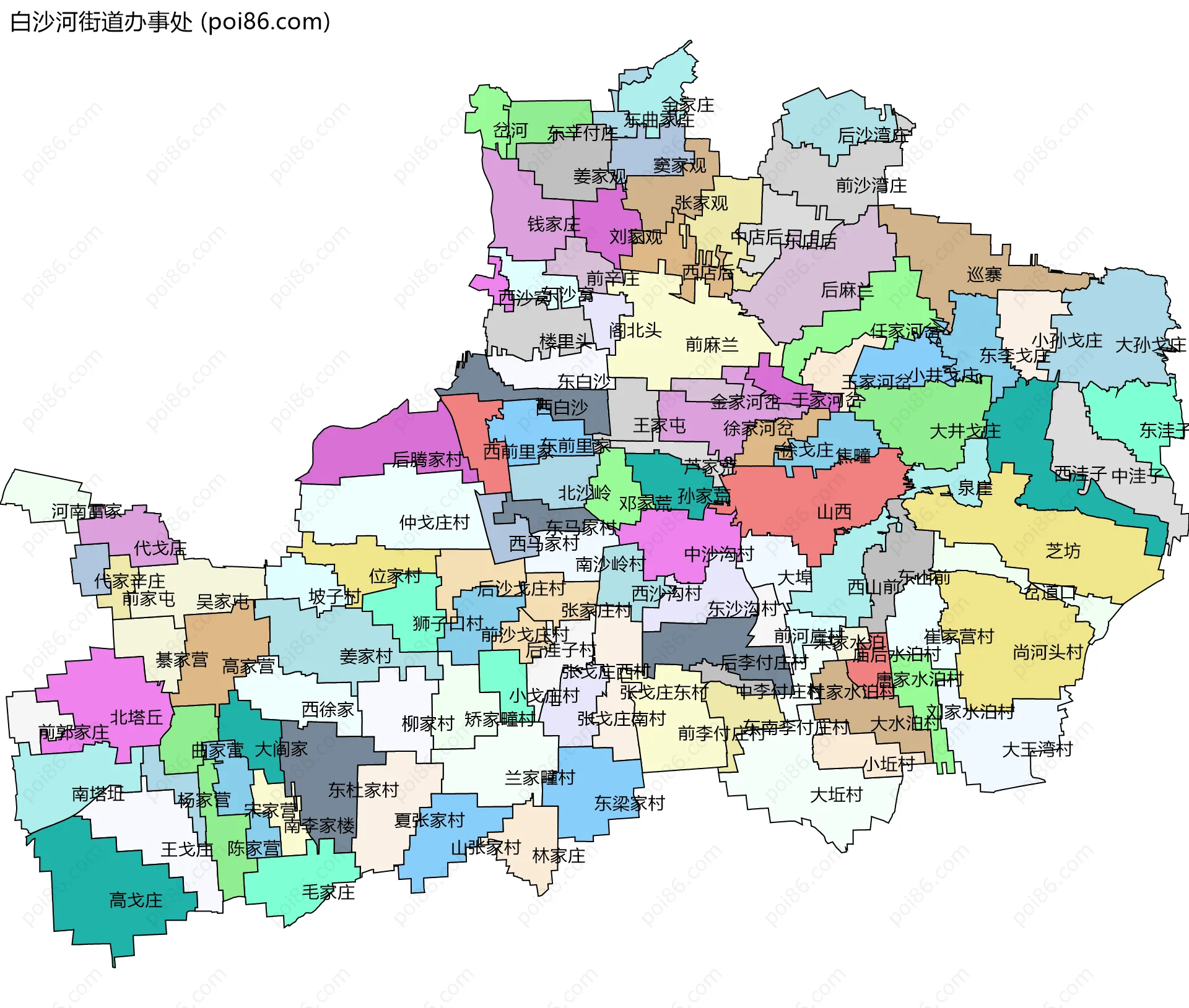 白沙河街道办事处边界地图(五级行政区划)