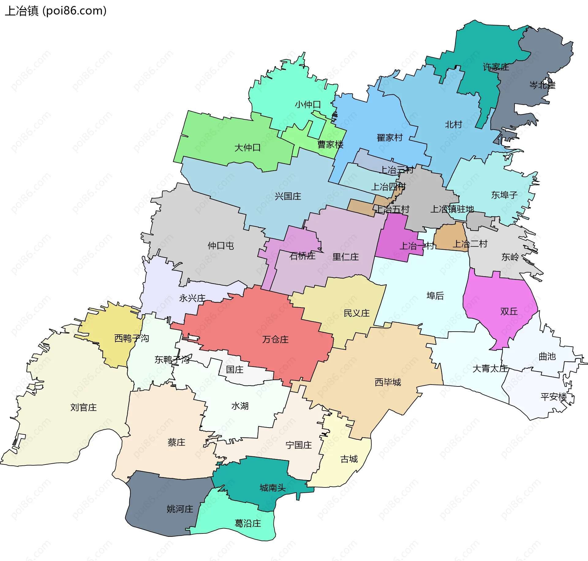 上冶镇边界地图(五级行政区划)