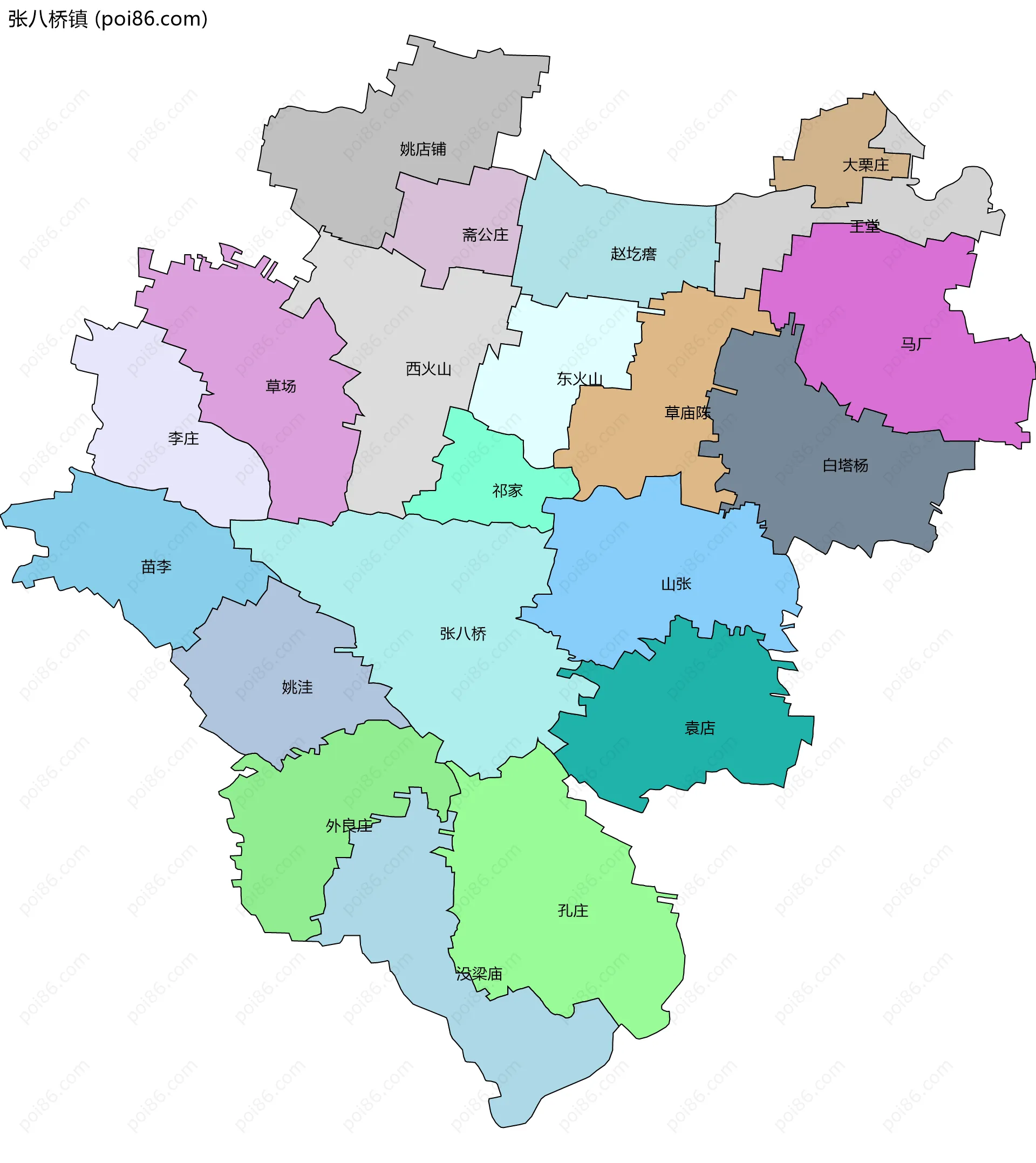 张八桥镇边界地图(五级行政区划)