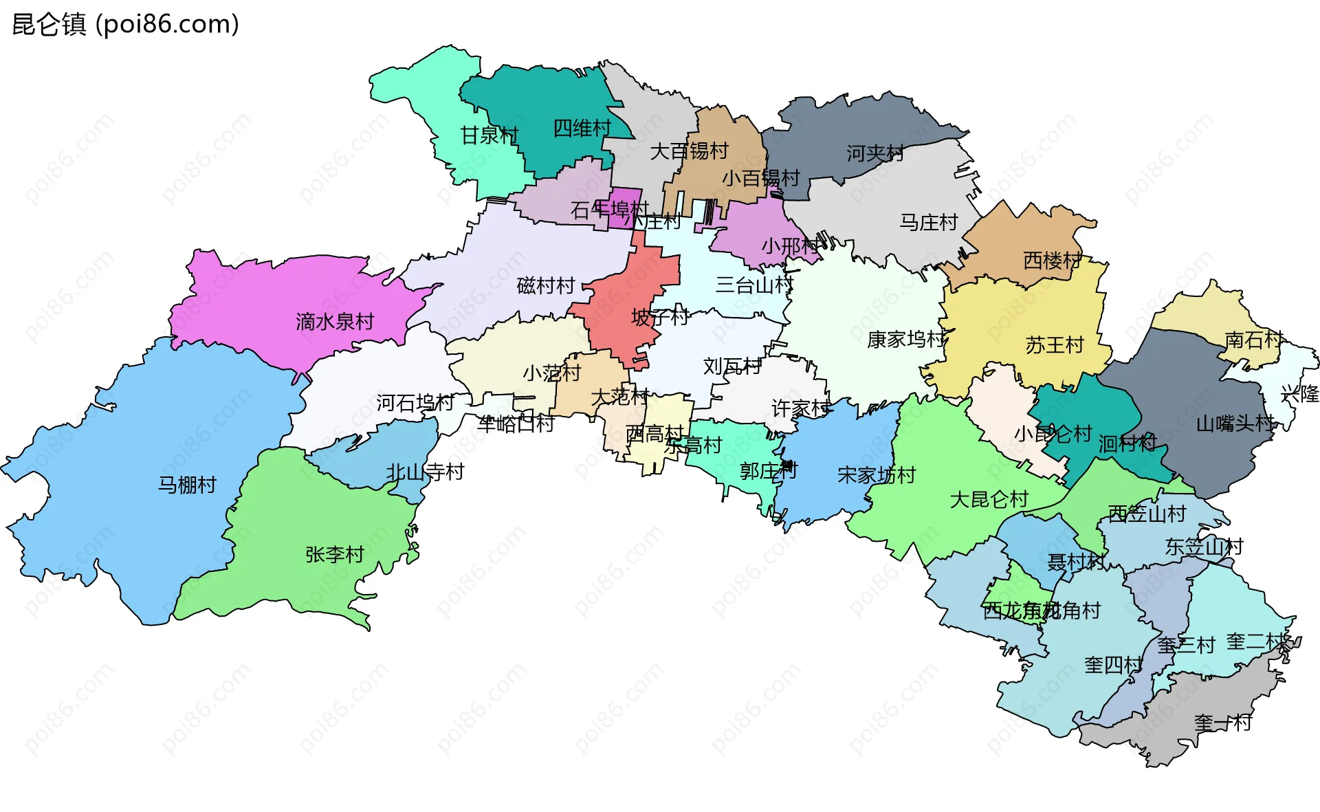 昆仑镇边界地图(五级行政区划)