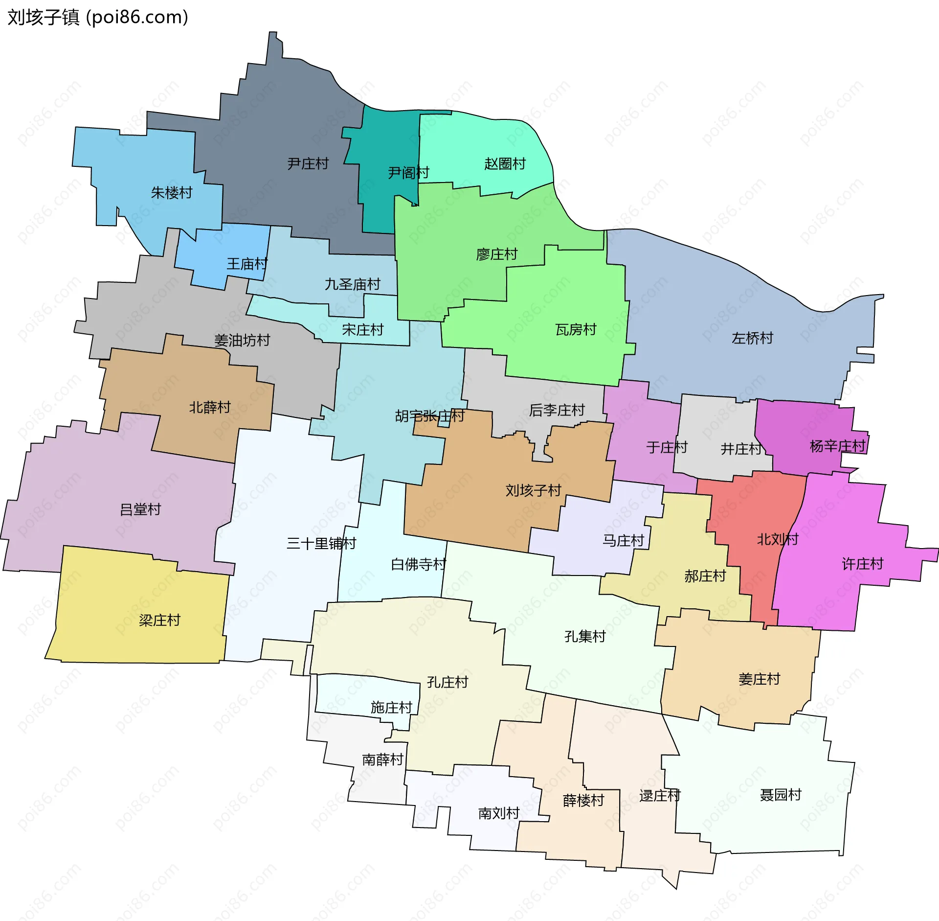 刘垓子镇边界地图(五级行政区划)