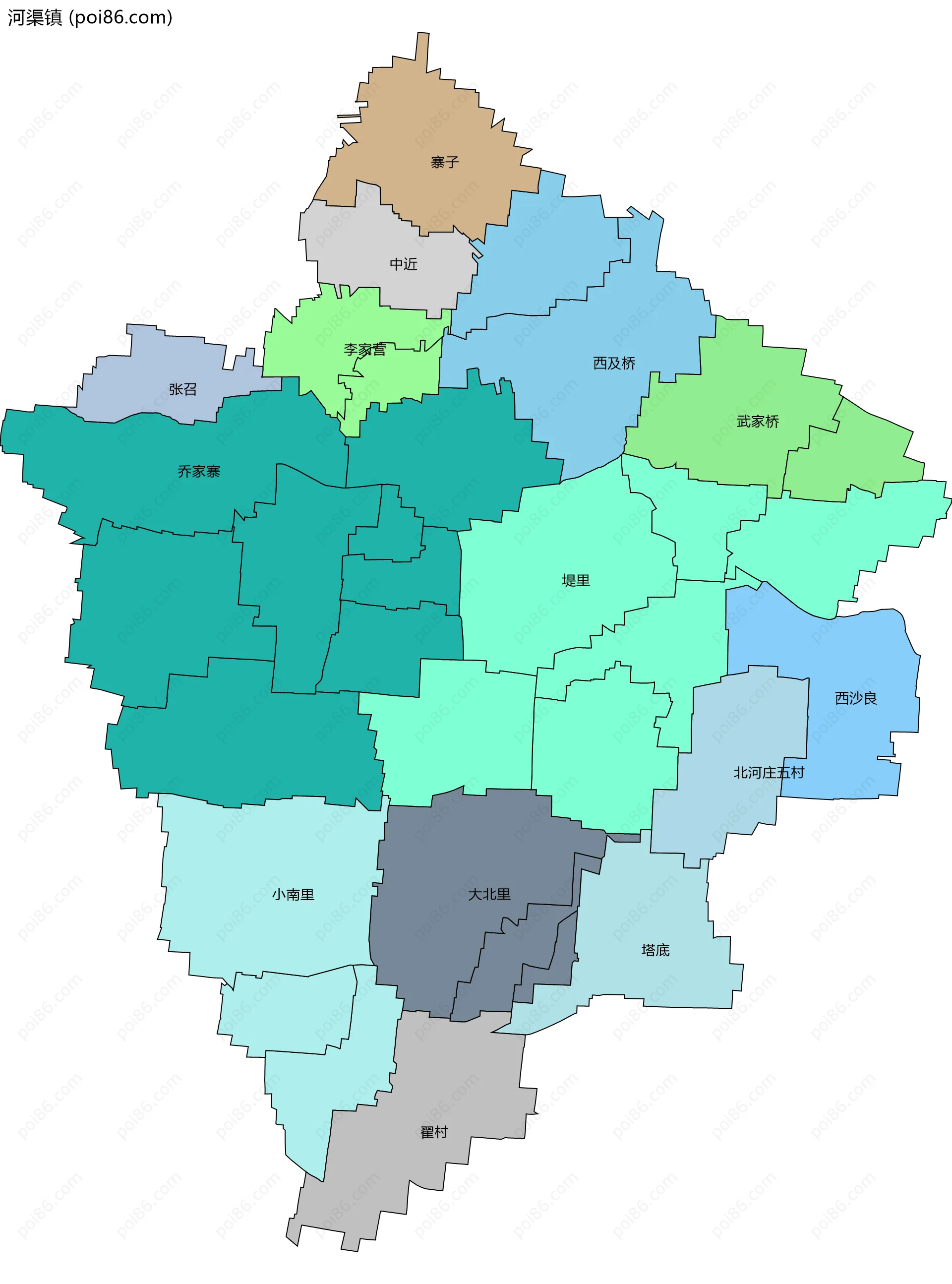 河渠镇边界地图(五级行政区划)