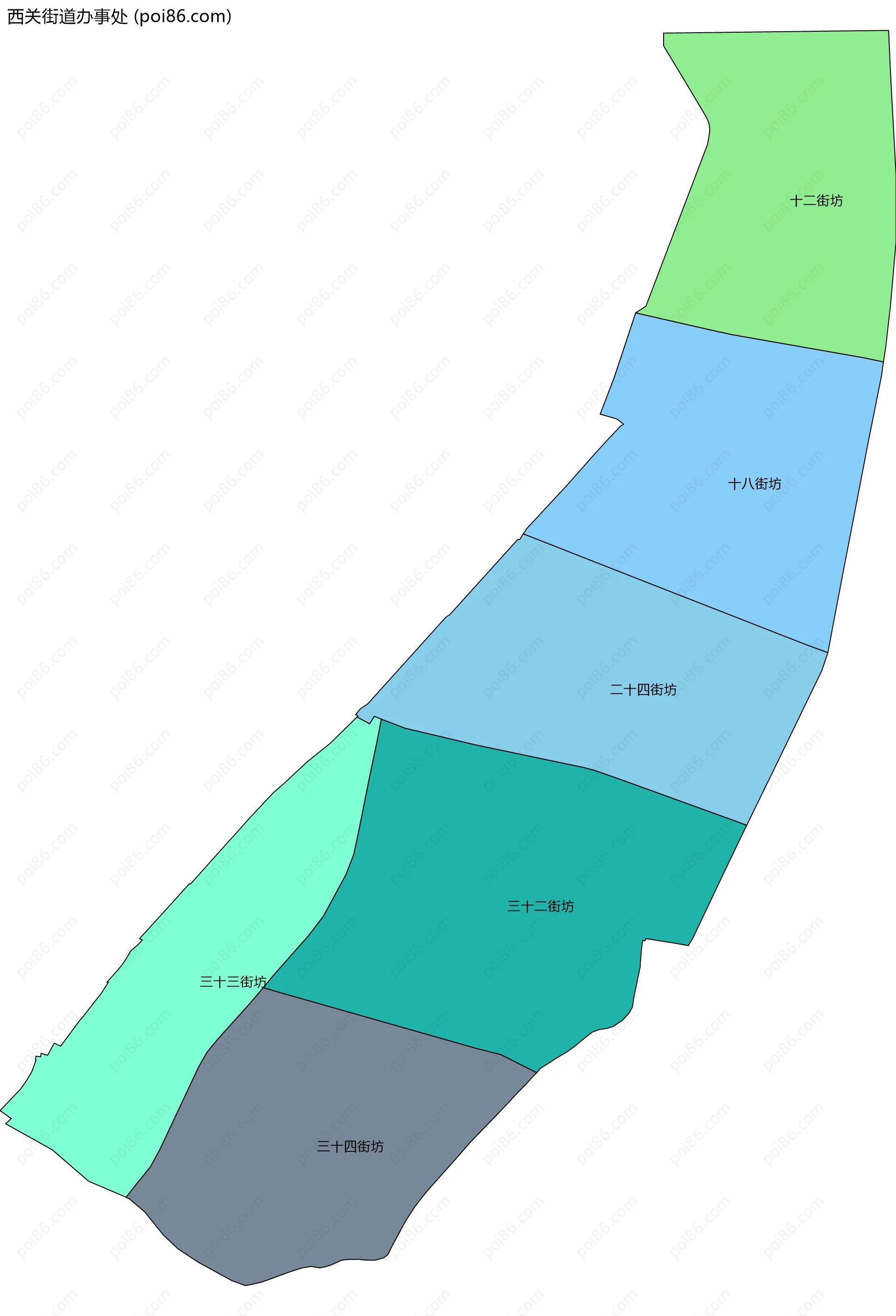 西关街道办事处边界地图(五级行政区划)