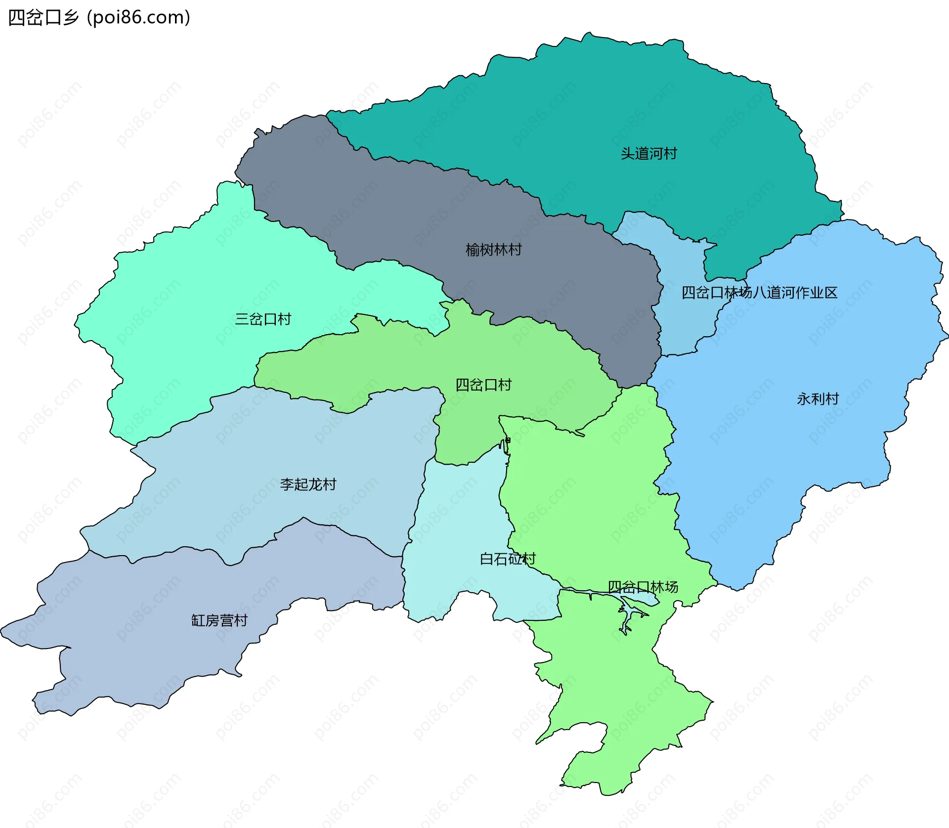 四岔口乡边界地图(五级行政区划)