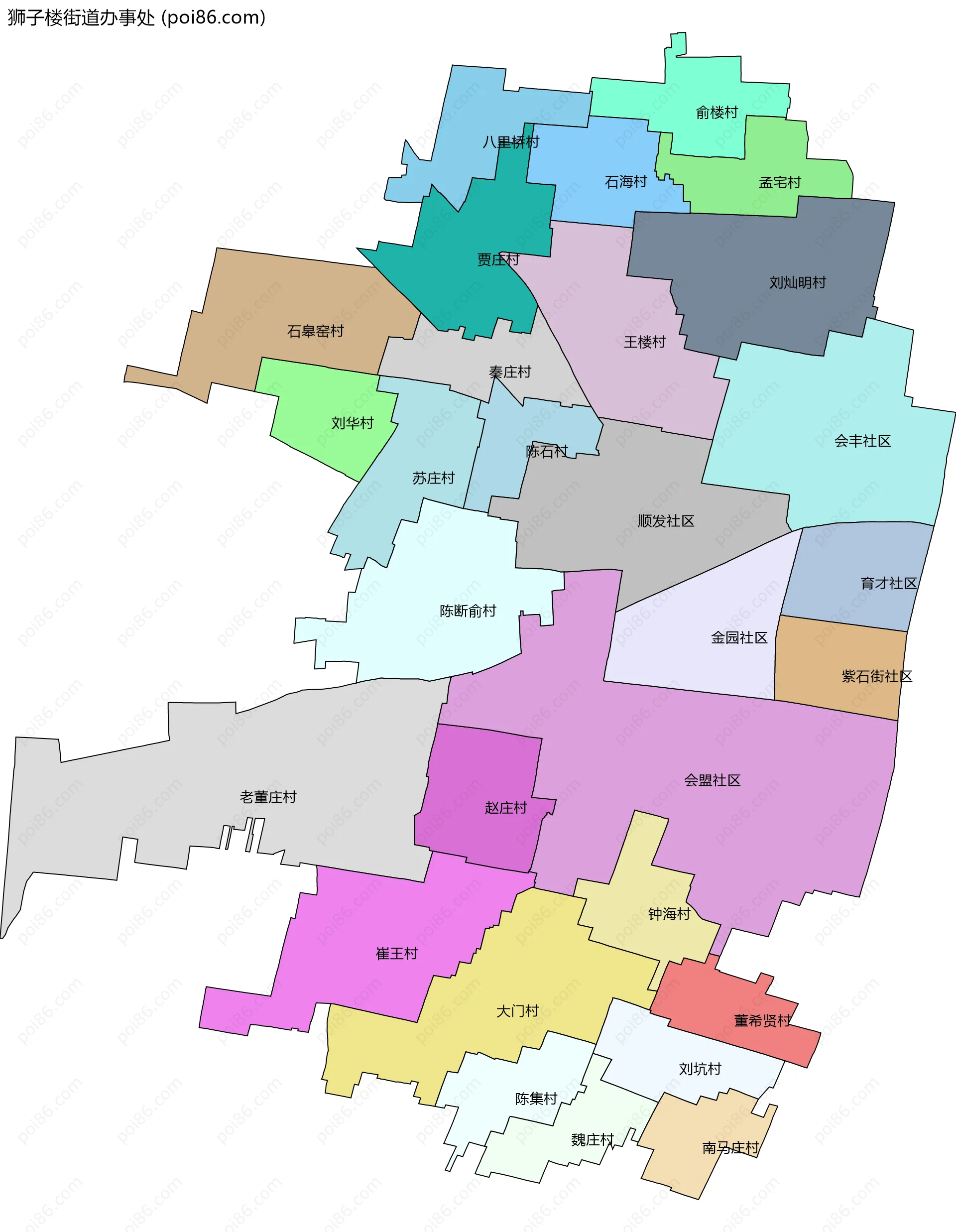狮子楼街道办事处边界地图(五级行政区划)