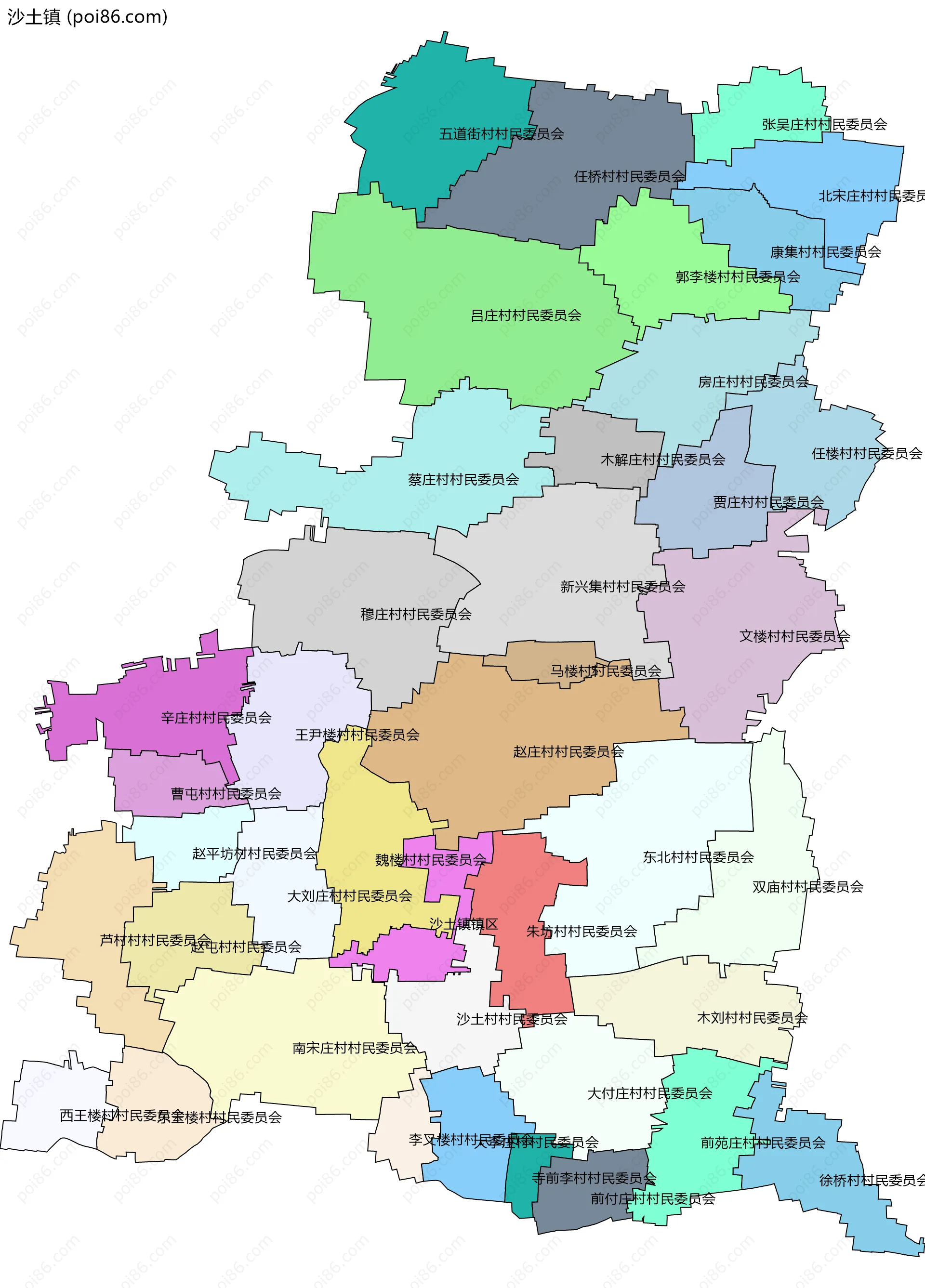 沙土镇边界地图(五级行政区划)