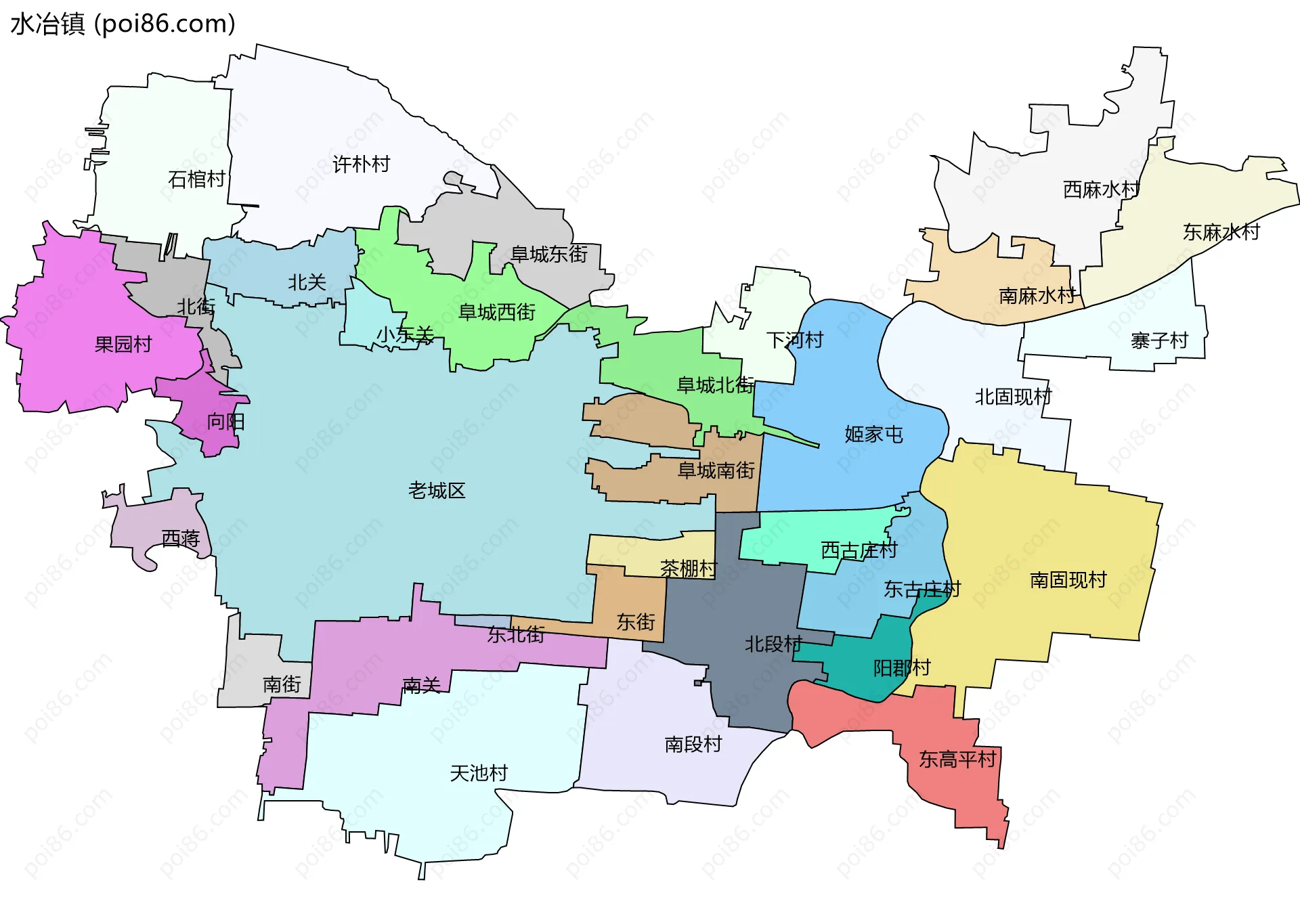 水冶镇边界地图(五级行政区划)