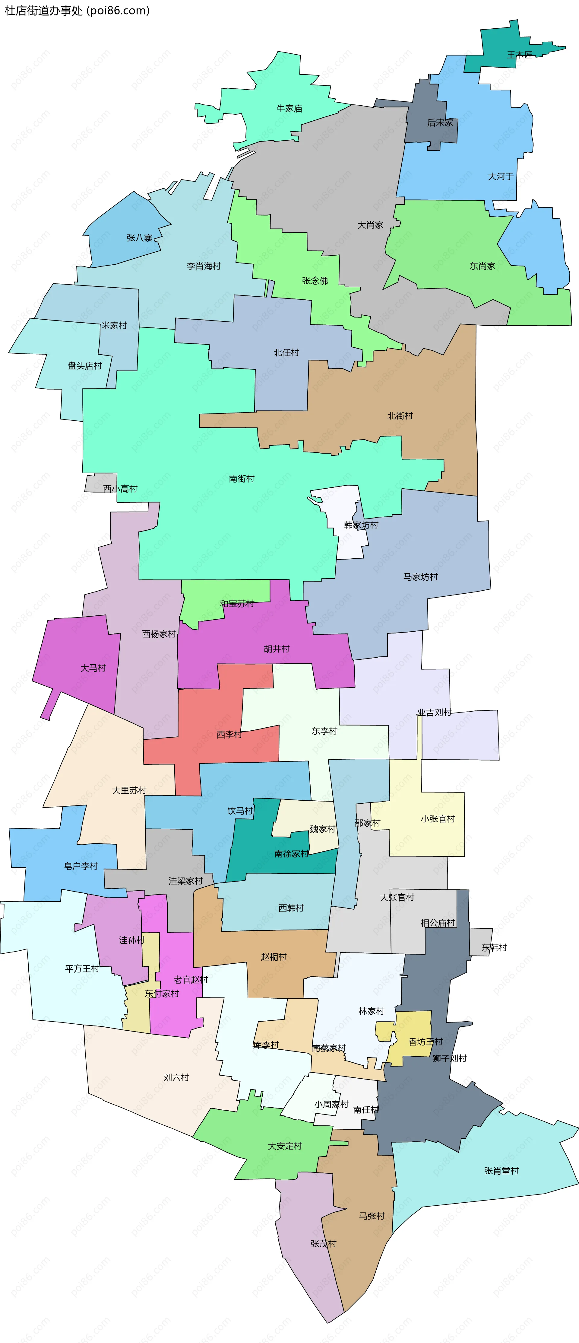 杜店街道办事处边界地图(五级行政区划)