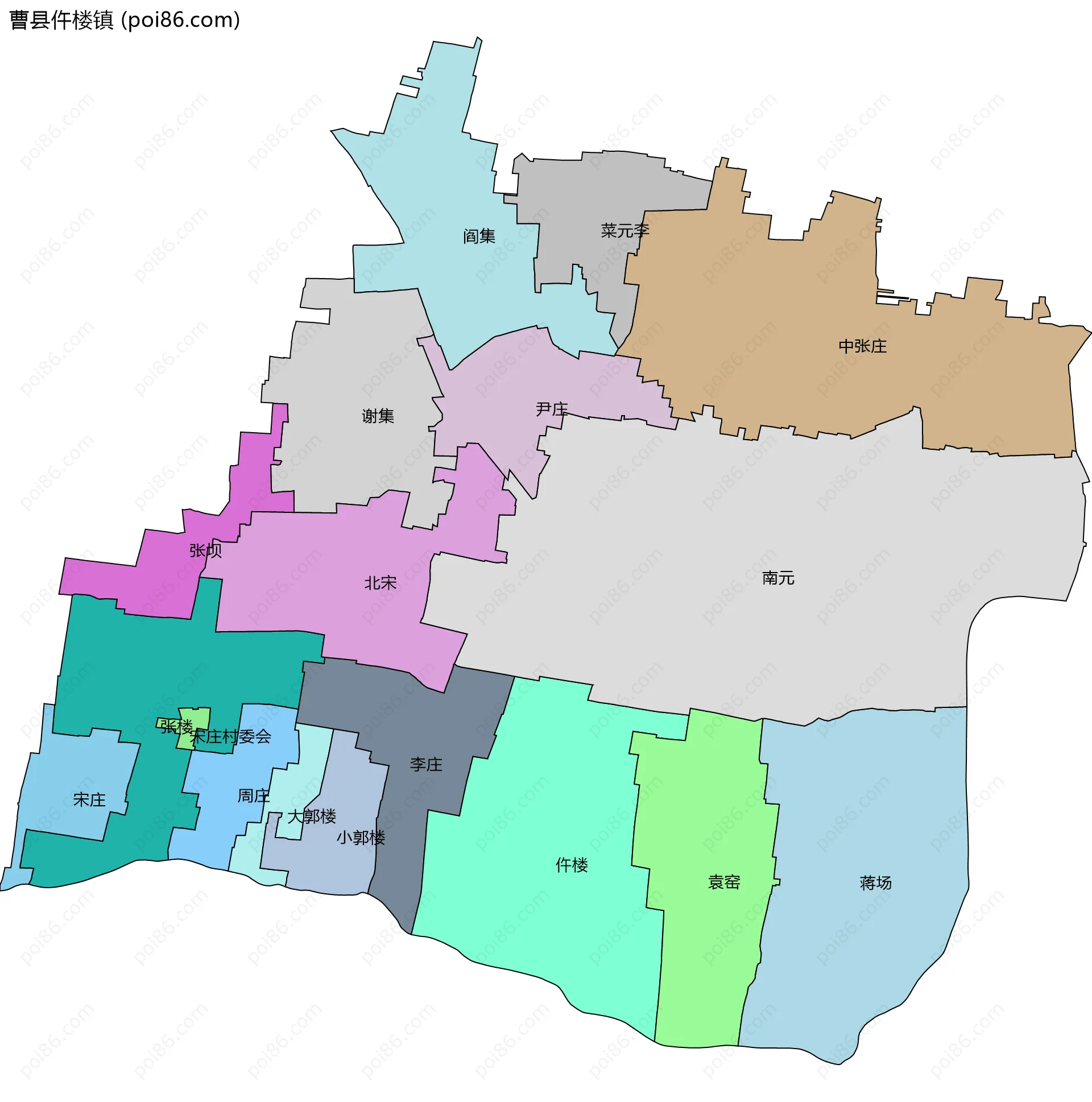 曹县仵楼镇边界地图(五级行政区划)