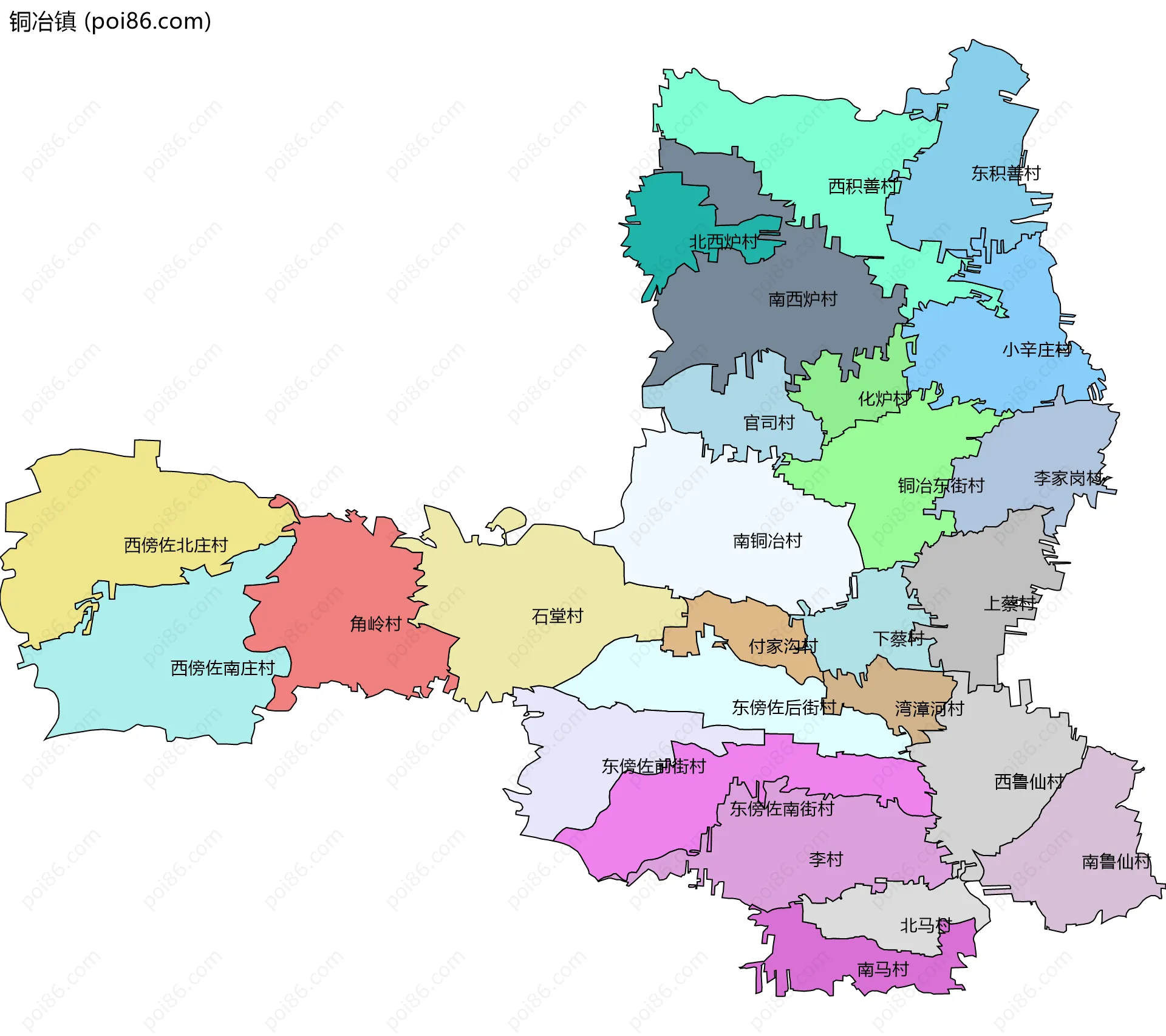 铜冶镇边界地图(五级行政区划)