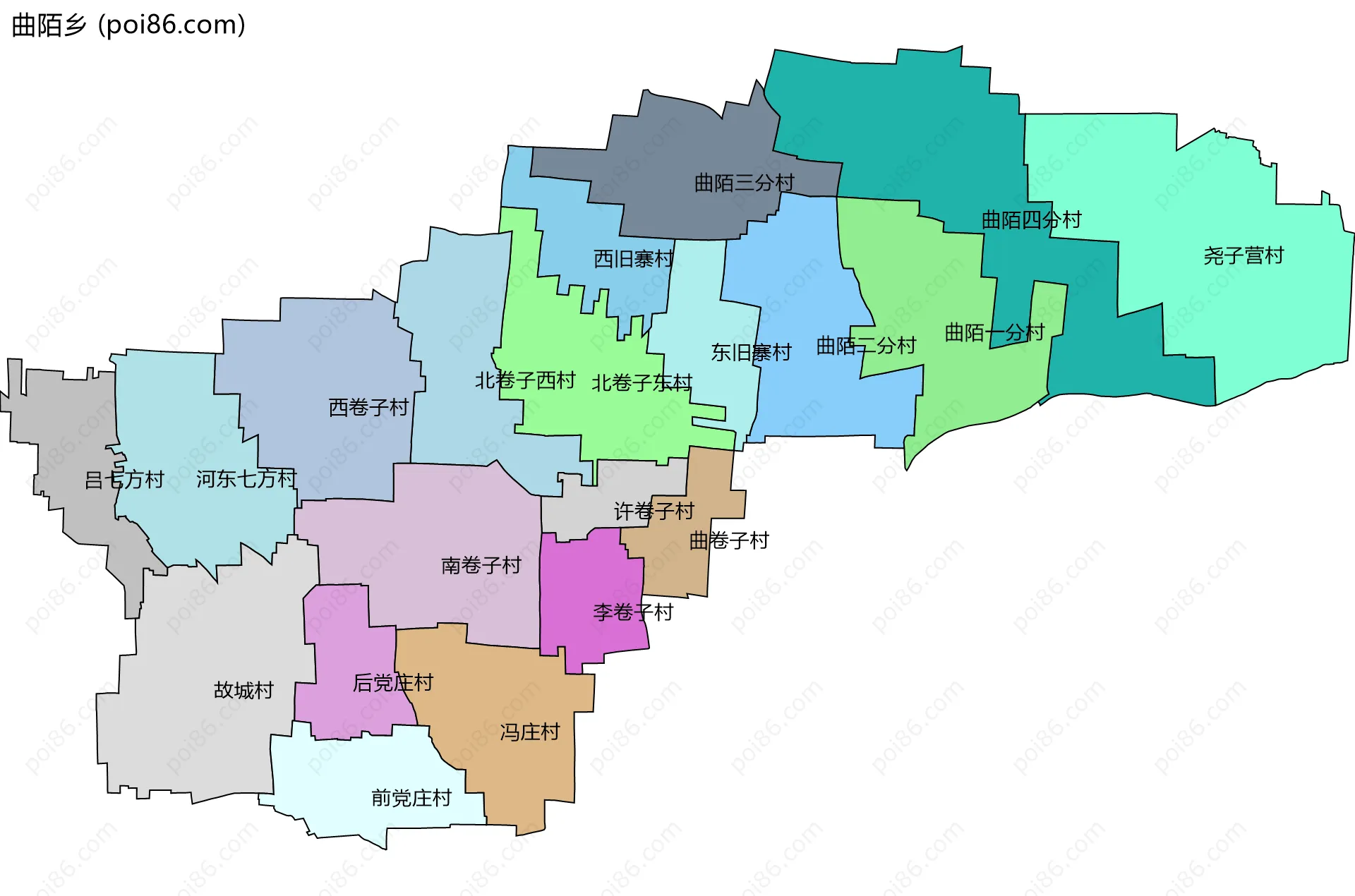 曲陌乡边界地图(五级行政区划)