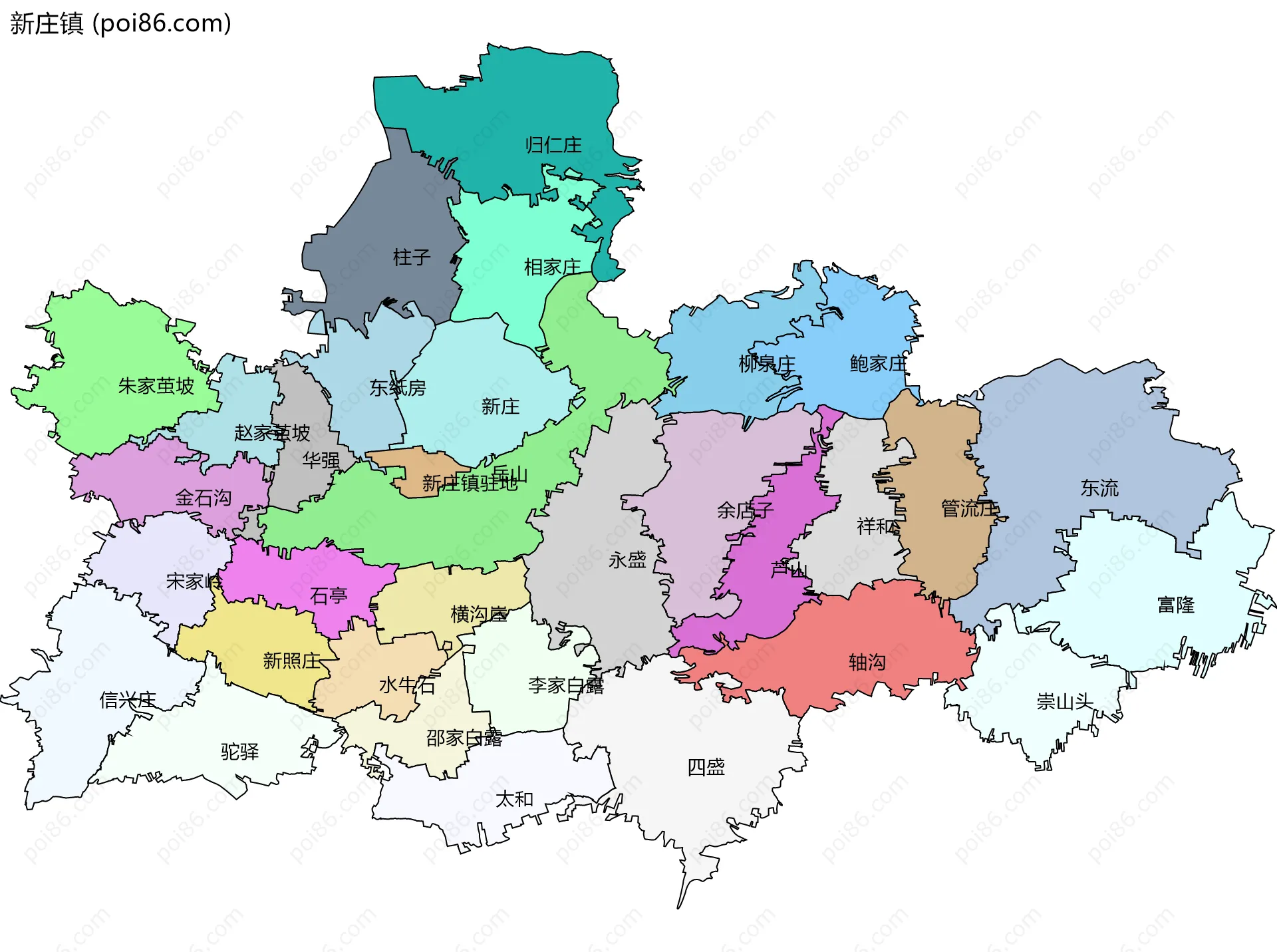 新庄镇边界地图(五级行政区划)