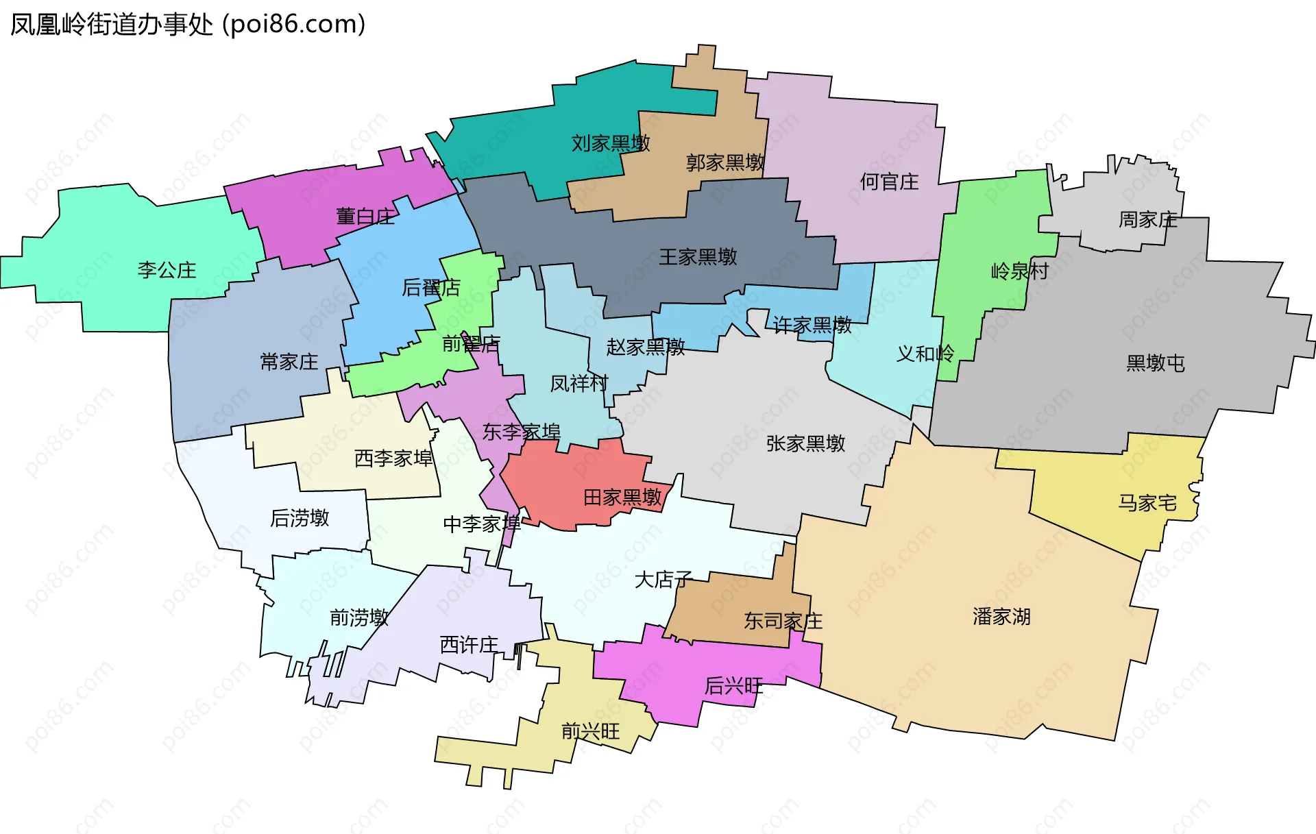 凤凰岭街道办事处边界地图(五级行政区划)