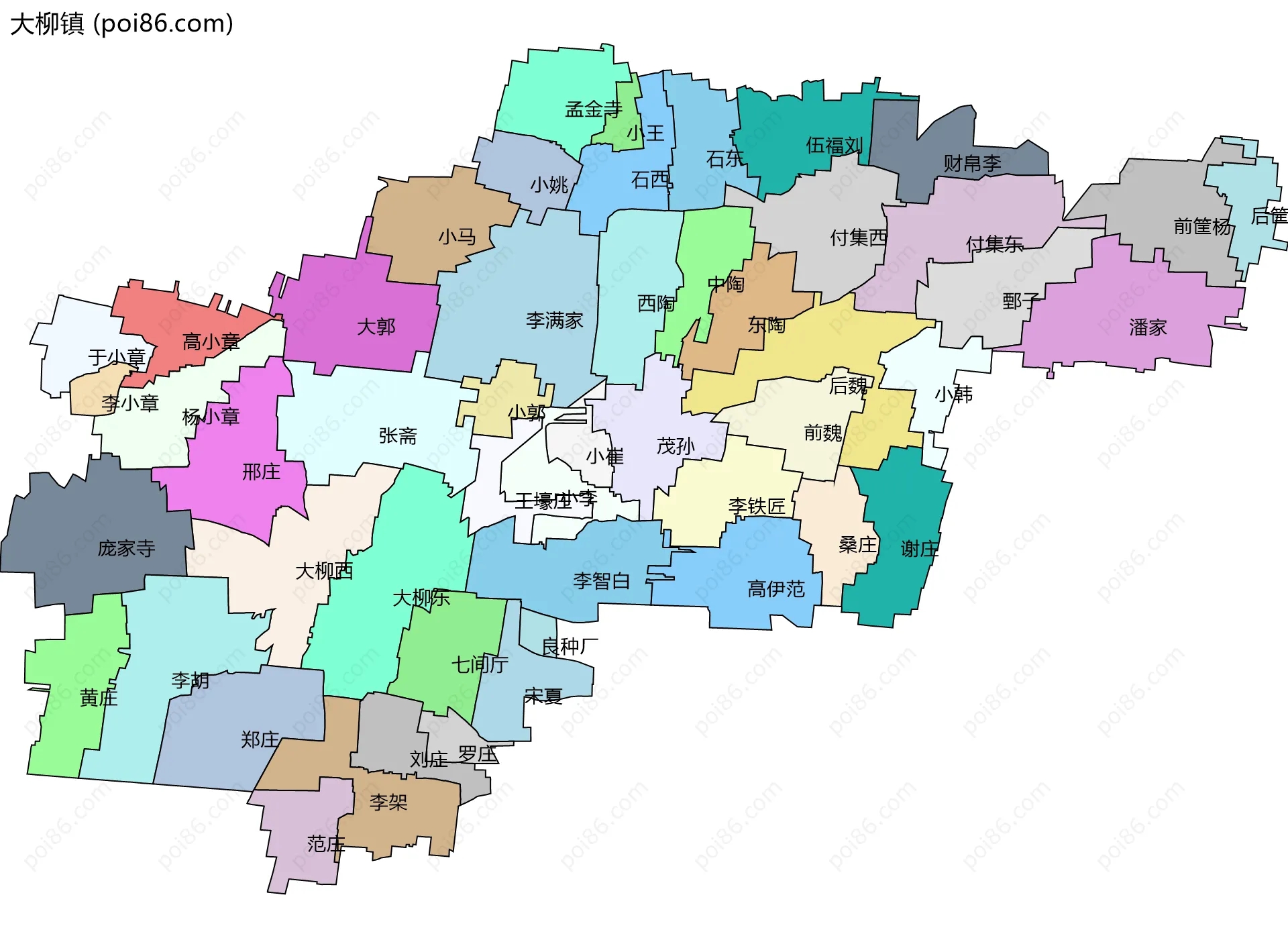大柳镇边界地图(五级行政区划)