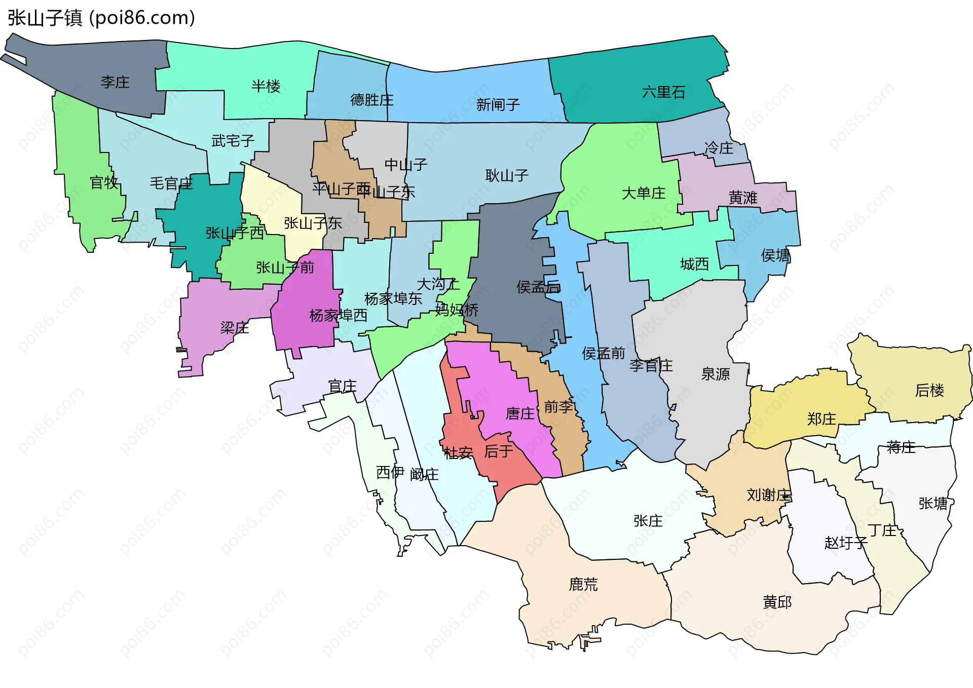 张山子镇边界地图(五级行政区划)