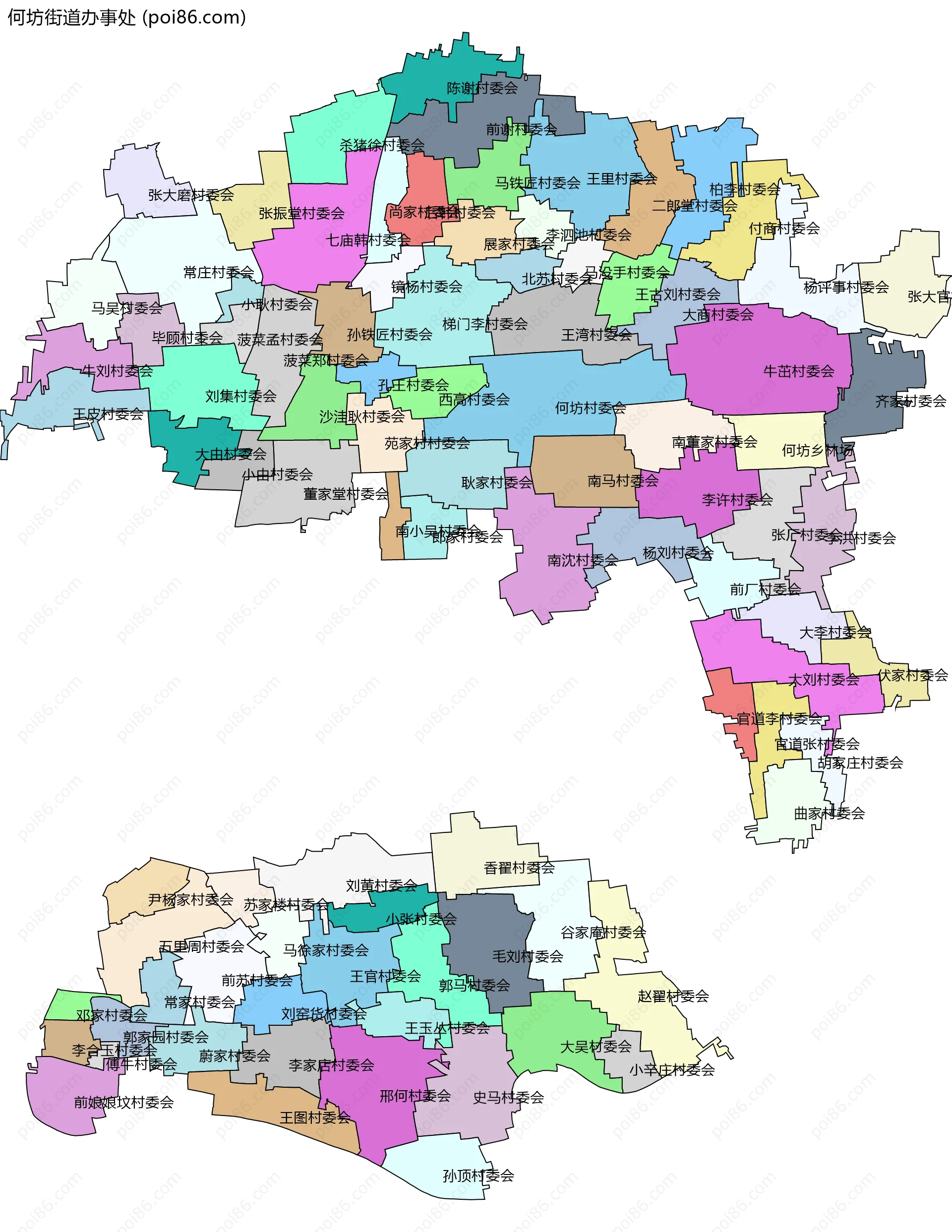 何坊街道办事处边界地图(五级行政区划)