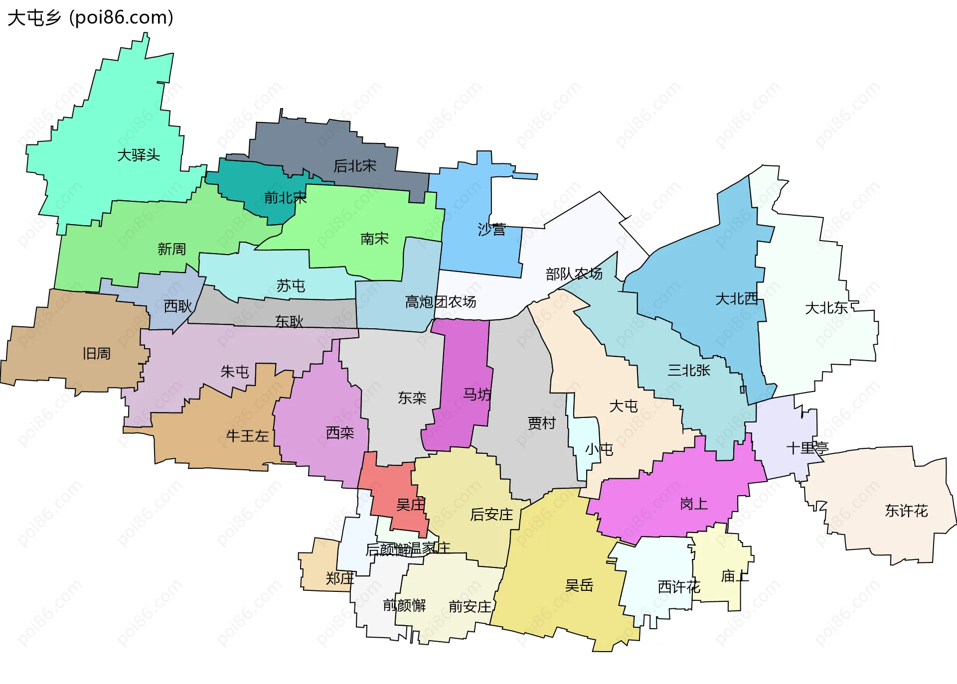 大屯乡边界地图(五级行政区划)