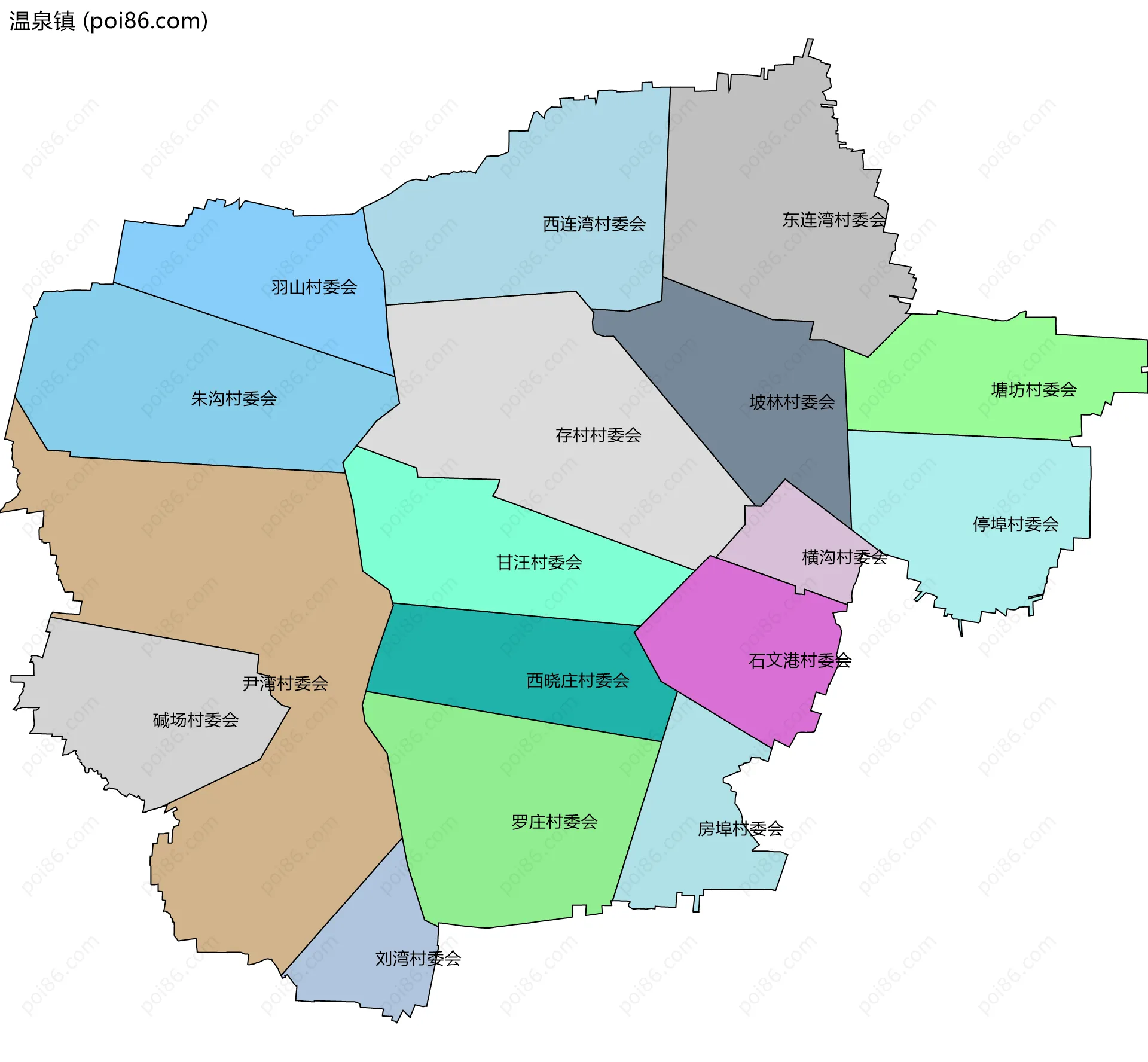 温泉镇边界地图(五级行政区划)