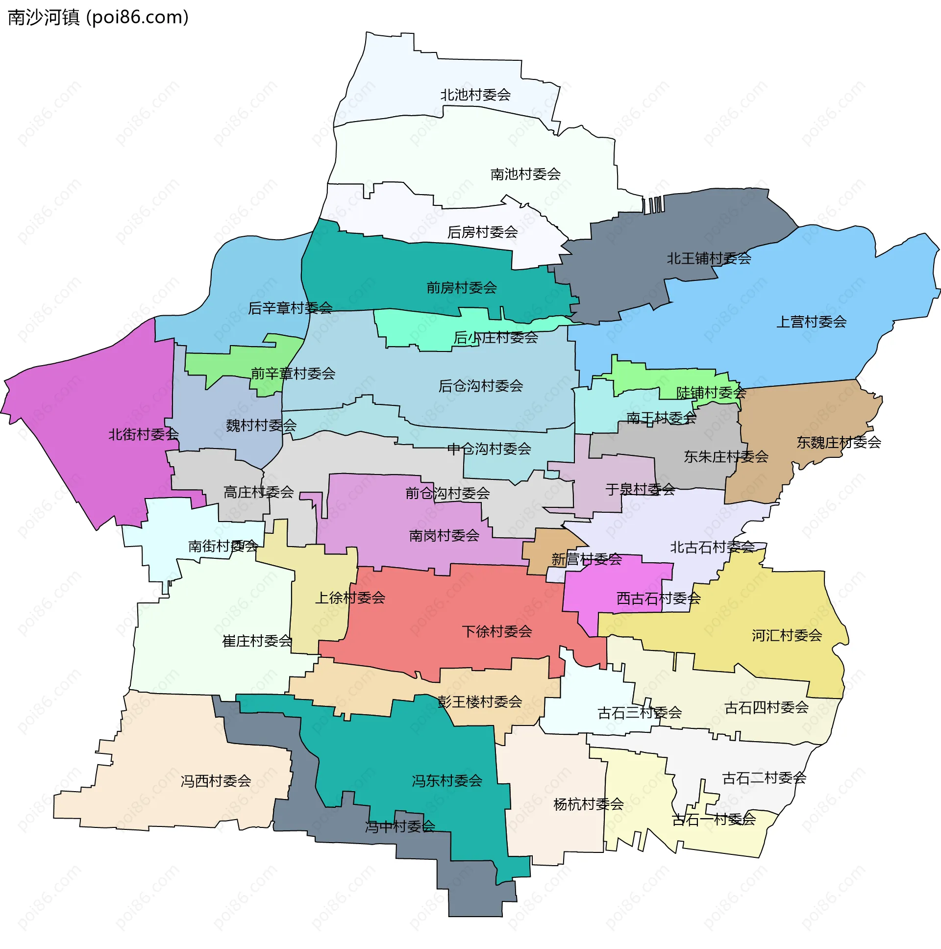 南沙河镇边界地图(五级行政区划)