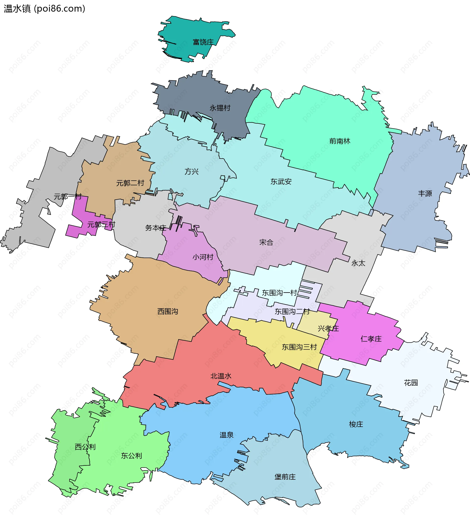 温水镇边界地图(五级行政区划)