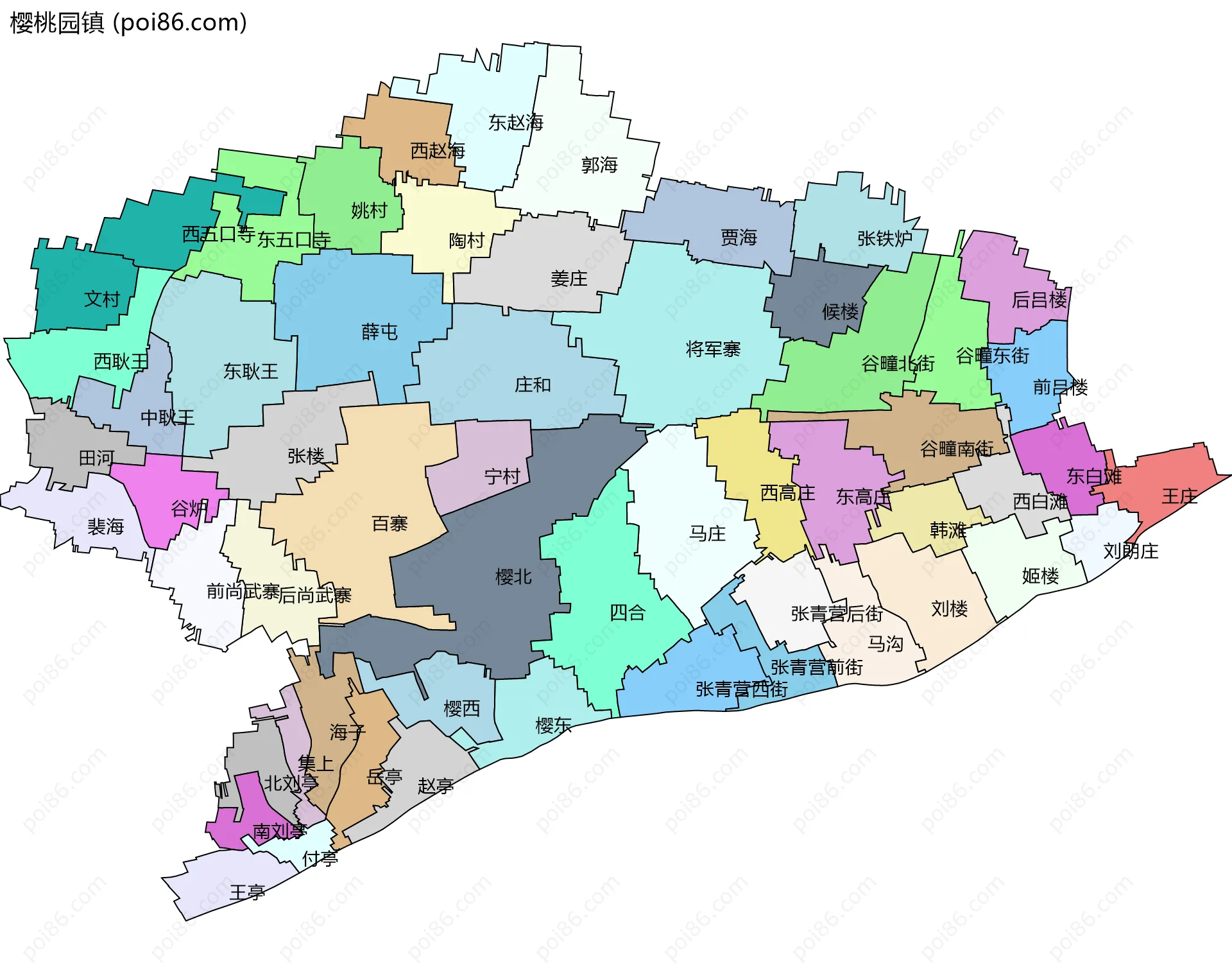 樱桃园镇边界地图(五级行政区划)